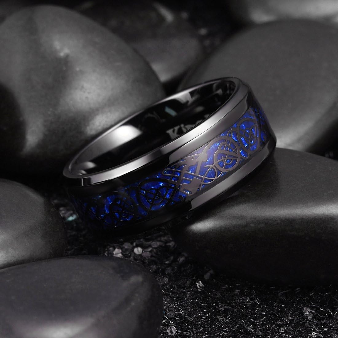 King Will DRAGON Mens Celtic Dragon Titanium Stainless Steel Ring Blue/Black/Green/Red Carbon Fibre Luminou Glow Celtic Dragon Titanium Stainless Steel Ring 7mm 8mm 9mm Zircon Polished Beveled Edge and Black Plated Wedding Band mens
