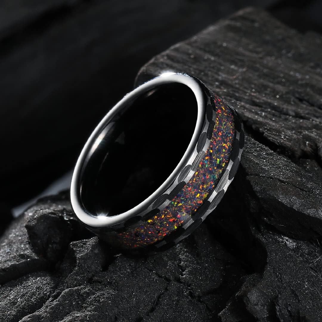 King Will 8mm Wood/Red Opal/Gold Foils/Purple Meteorite Inlaid Black Tungsten Carbide Rings Wedding Band Brushed Hammered Men’s Engagement Ring Comfort Fit for Men Women