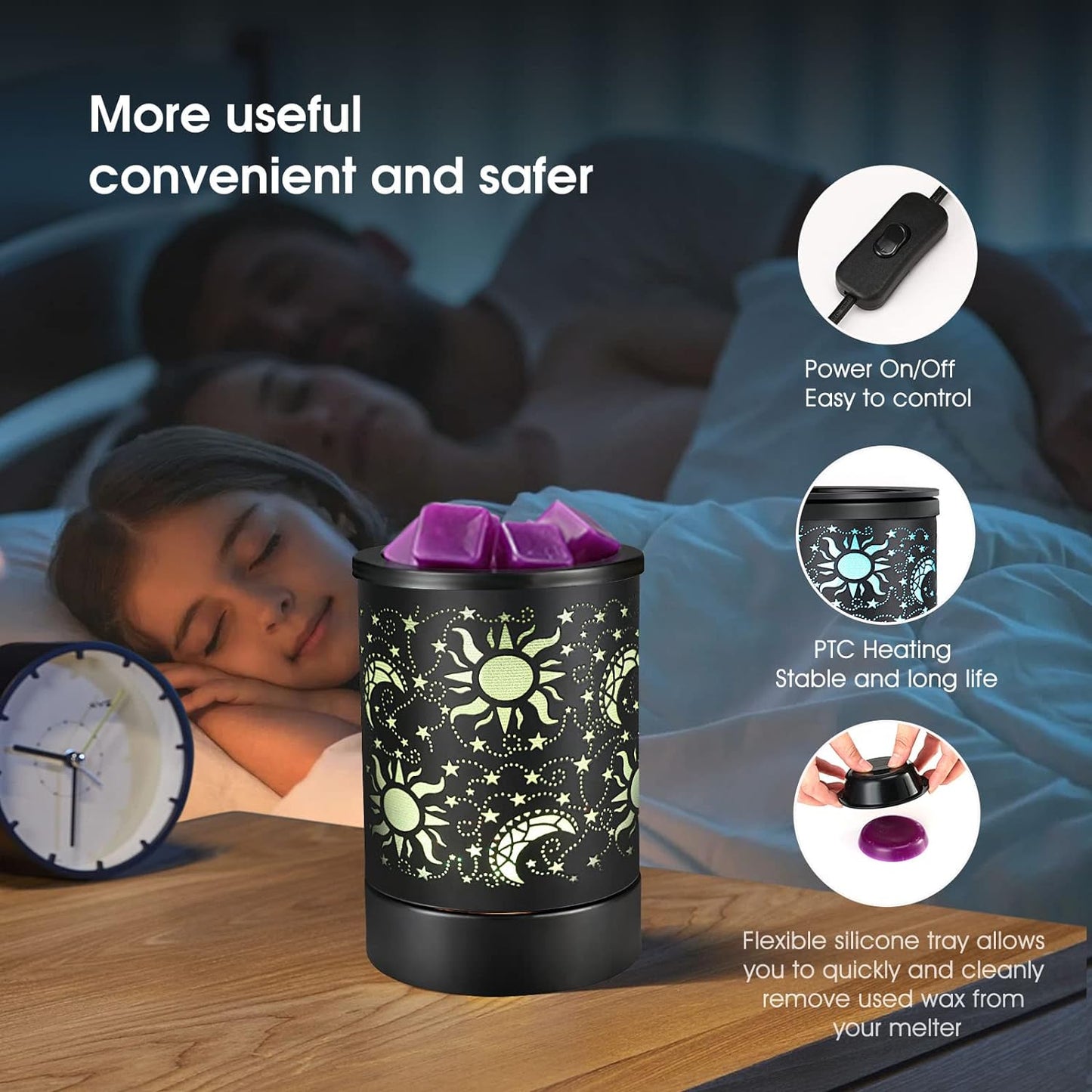 inrorans Sun Moon Star Electric Oil Warmer Black Metal Wax Warmer for Scented Wax with 7 Colors Changing LED nightLight PTC Element Reusable Silicone Liner Scented Wax Warmer for Home Decor…