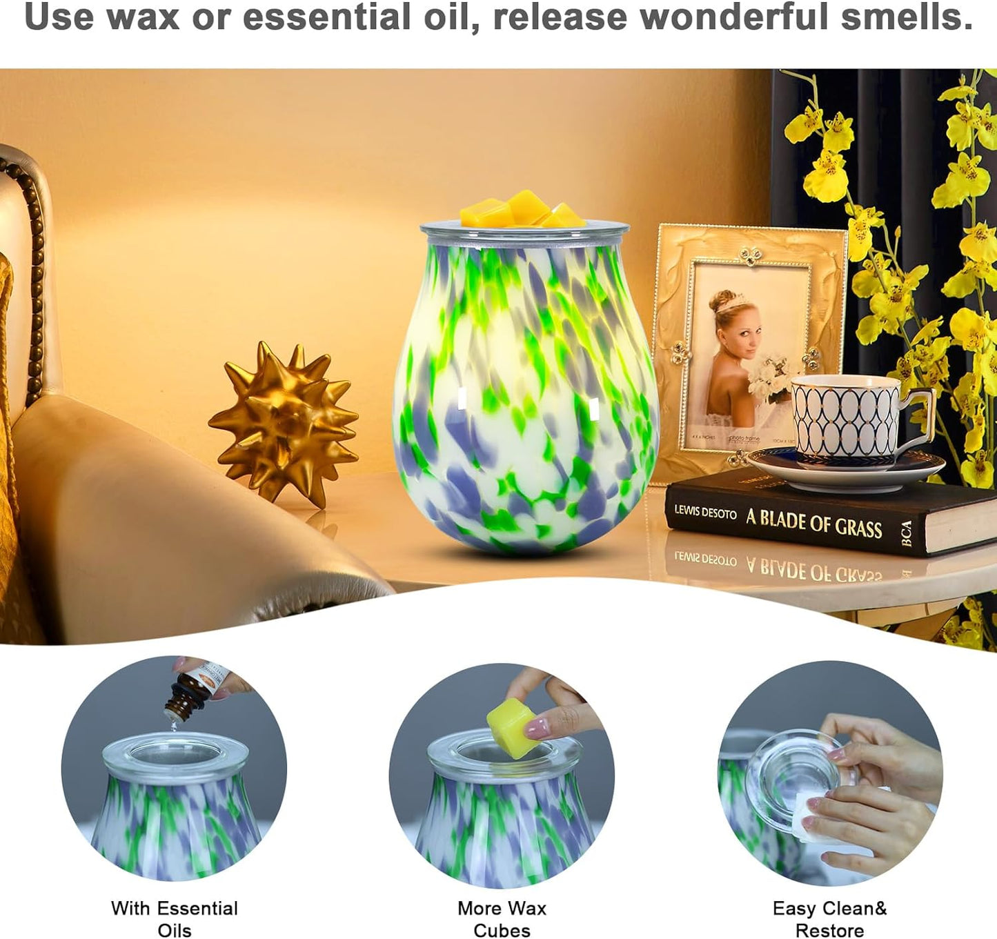Electric Wax Melts Warmer Burner Essential Oil Warmer Wax Tart Burner Fragrance Night Light Aroma Decorative for Home Office Bedroom Living Room Decor Gifts (Light Green)