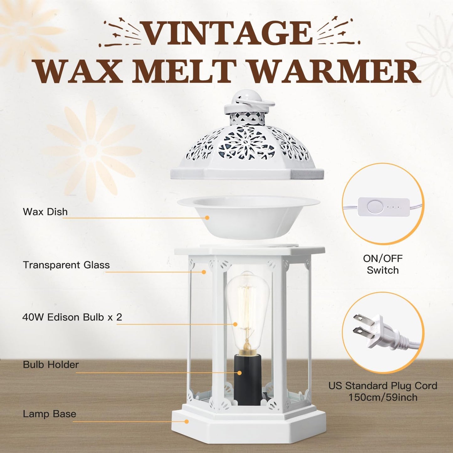 SALKING Electric Wax Warmer - Metal Wax Melt Warmer for Scented Wax,Candle Wax Burner Fragrance Warmer and 2 Edison Bulbs, Wax Melt Melter for Home Decor Office,Birthday Gifts for Women