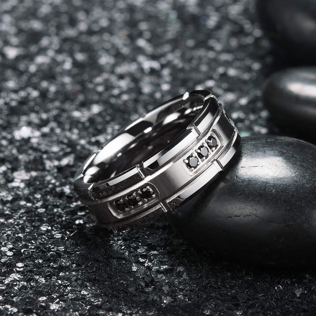 King Will GEM Custom Engraving Mens 8mm Tungsten Carbide Ring Cubic Zircon Stones Engagement Wedding Promise Band for Women Men Personalized