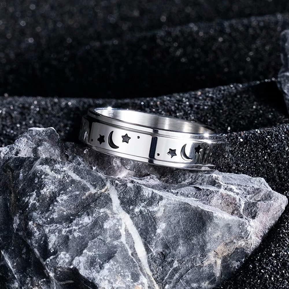 King Will 6mm 7mm 8mm Silver Black Stainless Steel Ring Spinner Ring Anxiety Relief Wedding Ring For Men Women Forest Elk Deer Family/Moon Star/Skull Head/Evil Eye/Poker Pattern