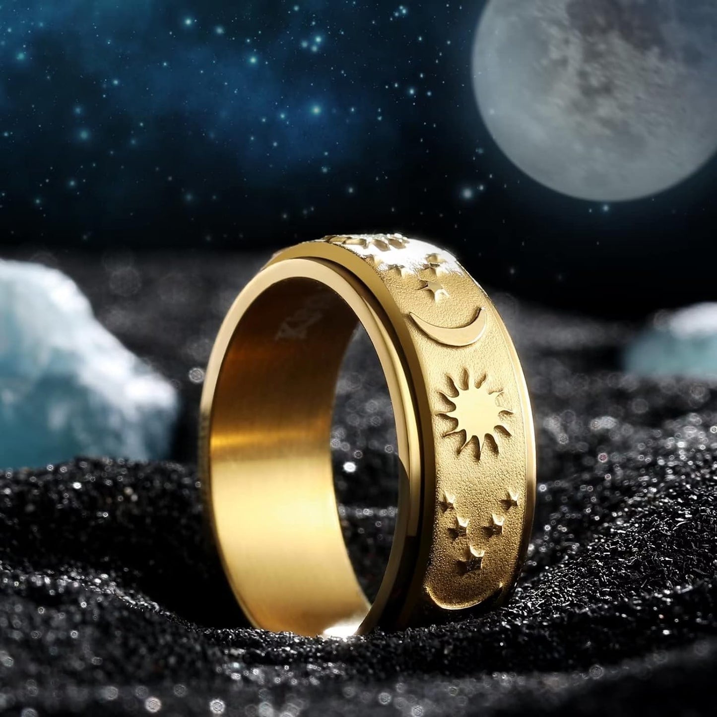 King Will Mens Fidget Ring Black/Gold/Rose Gold/Rainbow 8mm Stainless Steel Ring Spinner Ring For Men Women Stress Anxiety Relief Rotating Ring Finger Teens Toy Moon Sun Star/Triple Moon/Sand Blasted Comfort Fit For Unisex Adults