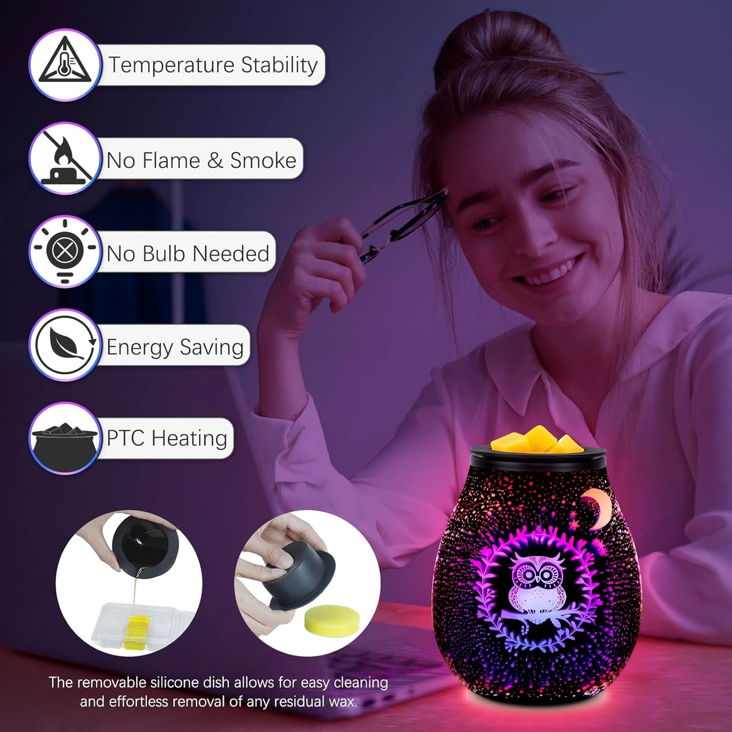 EQUSUPRO Wax Melt Warmer Wax Melter Wax Burner for Scented Wax Electric Fragrance Warmer for Wax Cubes & Tarts, Vivid 3D Design 7 Colors LED Light Gift & Decor for Home Office Studio (Fireworks-PTC)