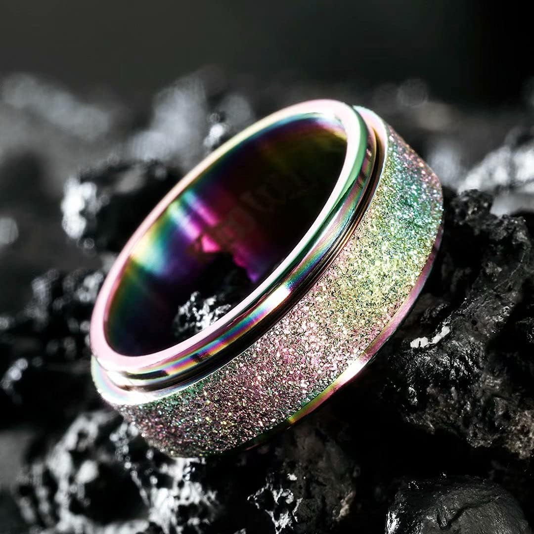 King Will Mens Fidget Ring Black/Gold/Rose Gold/Rainbow 8mm Stainless Steel Ring Spinner Ring For Men Women Stress Anxiety Relief Rotating Ring Finger Teens Toy Moon Sun Star/Triple Moon/Sand Blasted Comfort Fit For Unisex Adults