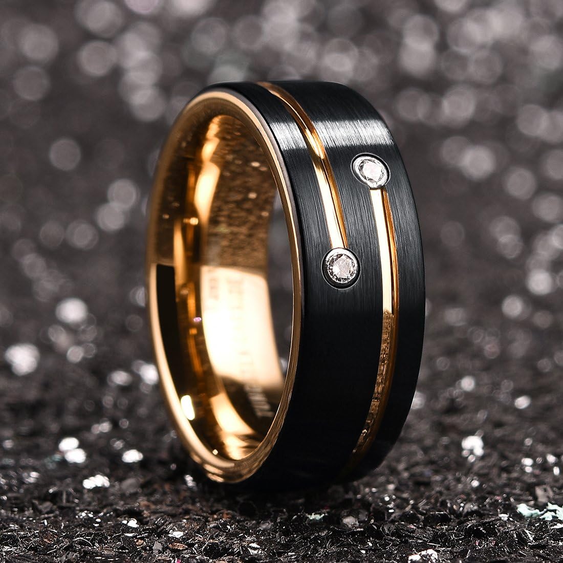 King Will GEM Mens 8mm Black Polished Finish Tungsten Carbide Ring Cubic Zircon Stones Flat Style