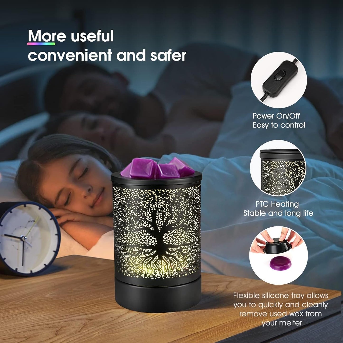 inrorans Sun Moon Star Electric Oil Warmer Black Metal Wax Warmer for Scented Wax with 7 Colors Changing LED nightLight PTC Element Reusable Silicone Liner Scented Wax Warmer for Home Decor…