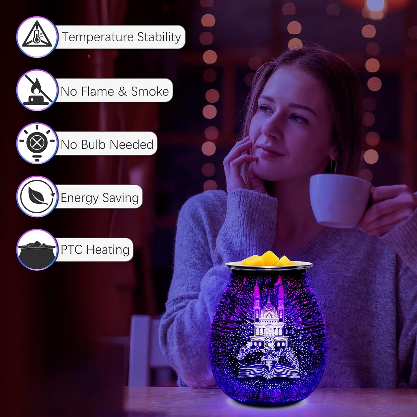 EQUSUPRO Wax Melt Warmer Wax Melter Wax Burner for Scented Wax Electric Fragrance Warmer for Wax Cubes & Tarts, Vivid 3D Design 7 Colors LED Light Gift & Decor for Home Office Studio (Fireworks-PTC)