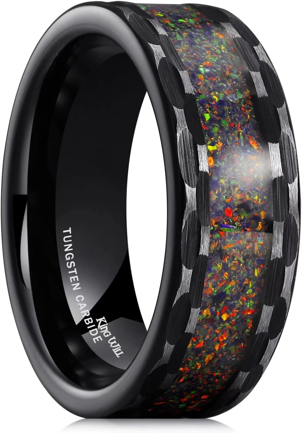 King Will 8mm Wood/Red Opal/Gold Foils/Purple Meteorite Inlaid Black Tungsten Carbide Rings Wedding Band Brushed Hammered Men’s Engagement Ring Comfort Fit for Men Women