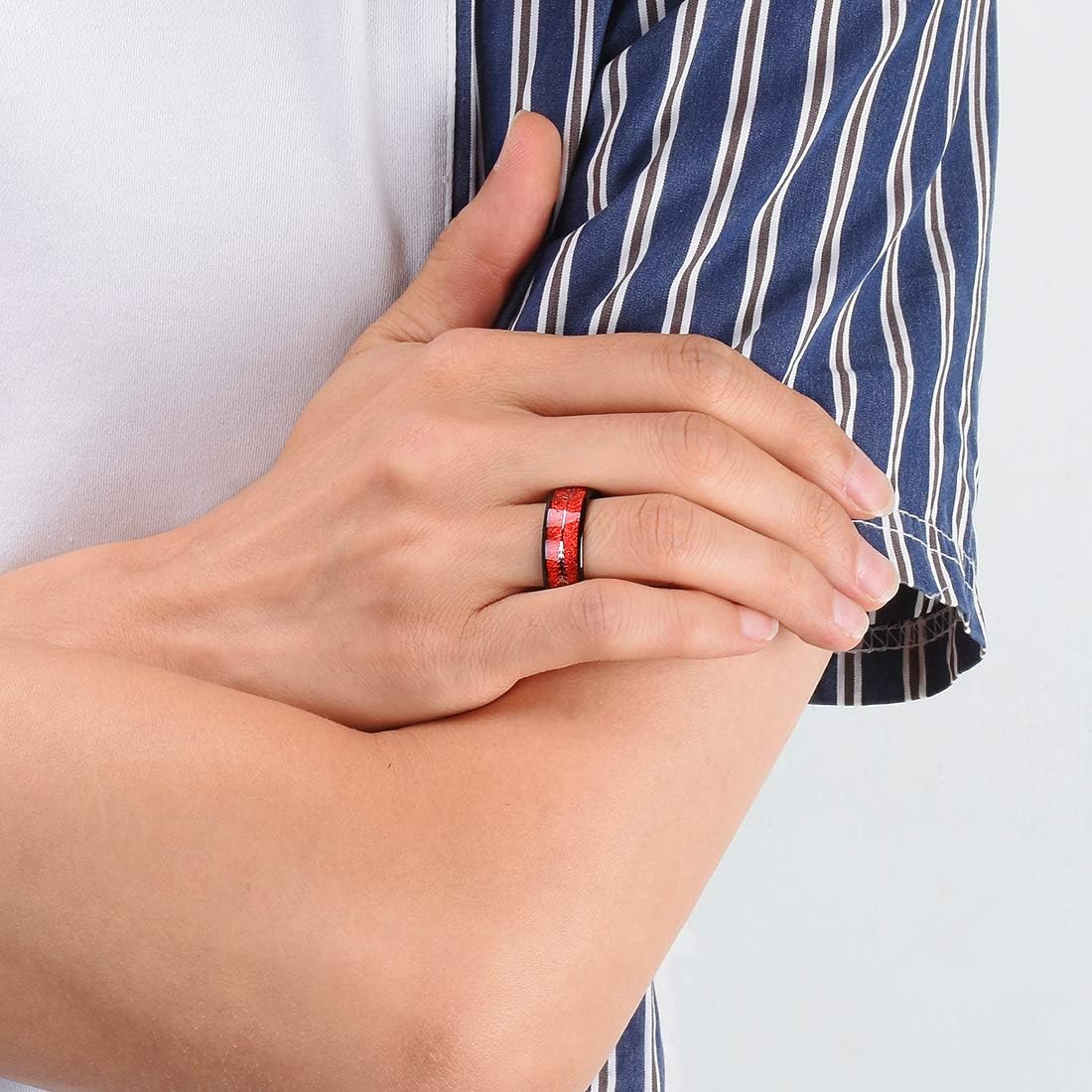 King Will Nature 8mm Arrow Tungsten Carbide Ring Wood Meteorite Sticker Inlay Domed Wedding Ring for Men