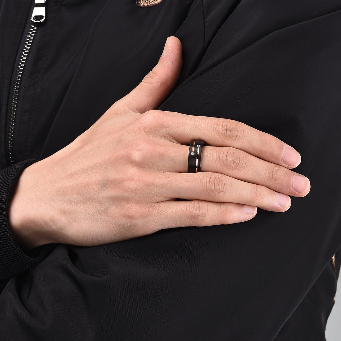 King Will GEM Mens 8mm Black Polished Finish Tungsten Carbide Ring Cubic Zircon Stones Flat Style