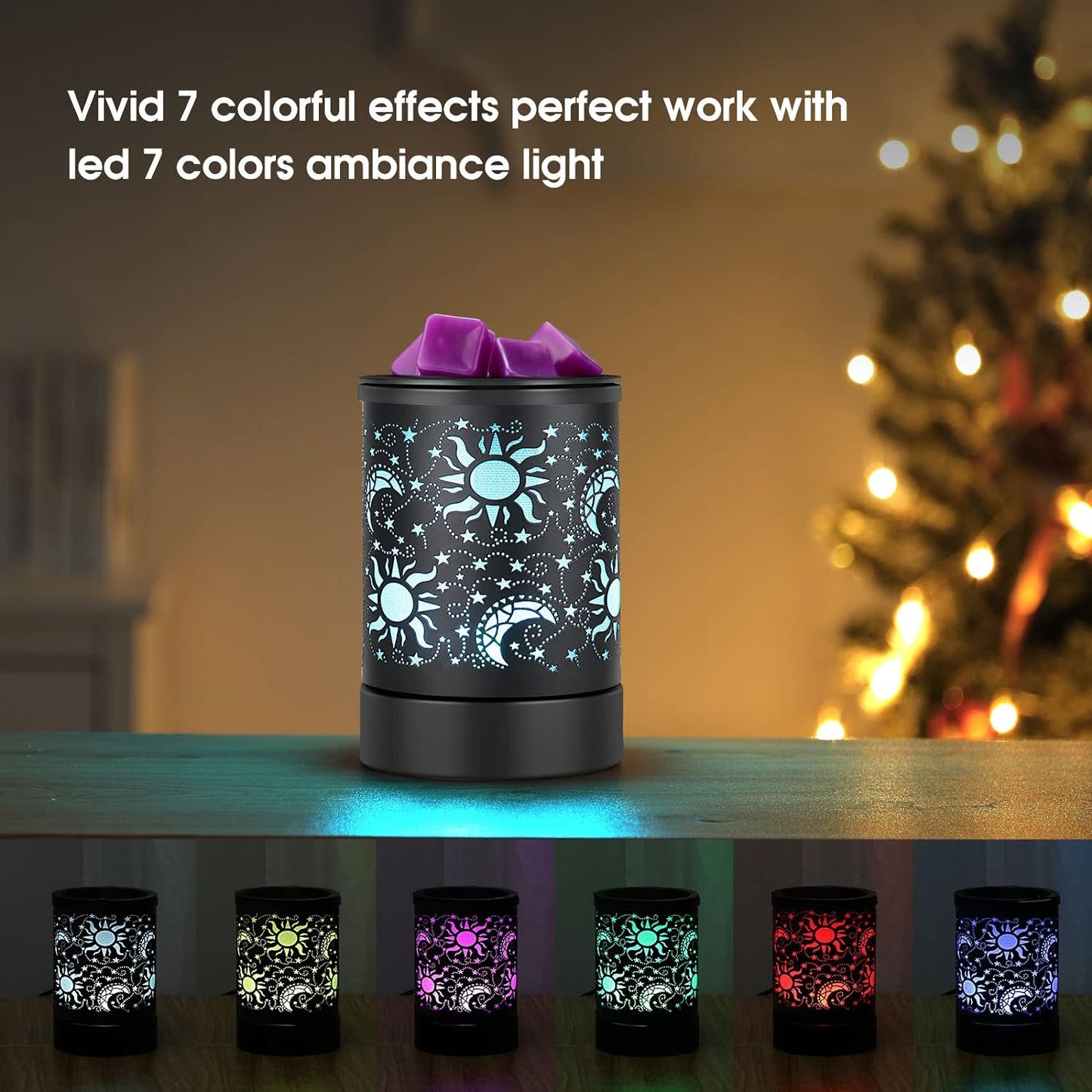 inrorans Sun Moon Star Electric Oil Warmer Black Metal Wax Warmer for Scented Wax with 7 Colors Changing LED nightLight PTC Element Reusable Silicone Liner Scented Wax Warmer for Home Decor…
