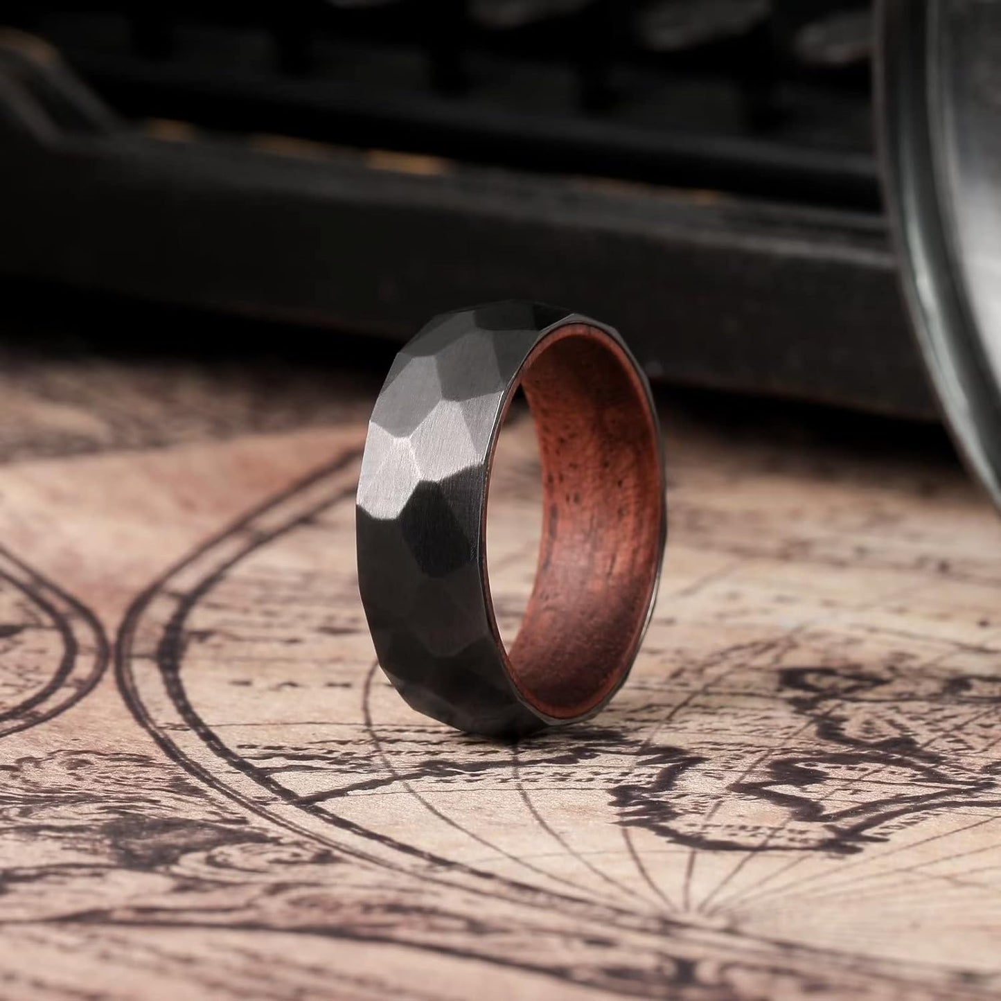 King Will 6mm/8mm Silver/Black Hammered Titanium Ring Inlaid Wood Inner Hole Wedding Band for Men Matte Brushed Comfort Fit