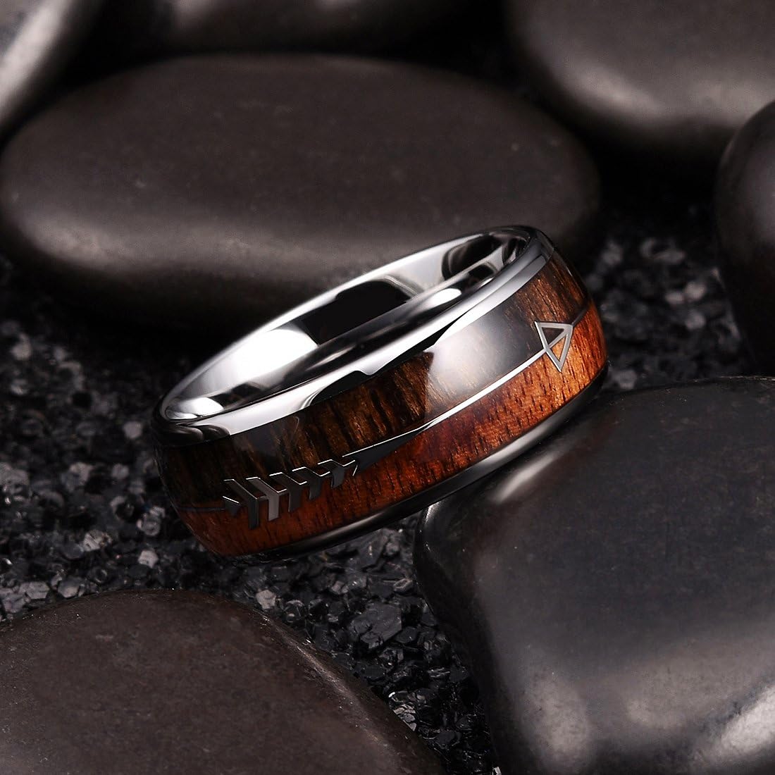 King Will Nature 8mm Arrow Tungsten Carbide Ring Wood Meteorite Sticker Inlay Domed Wedding Ring for Men