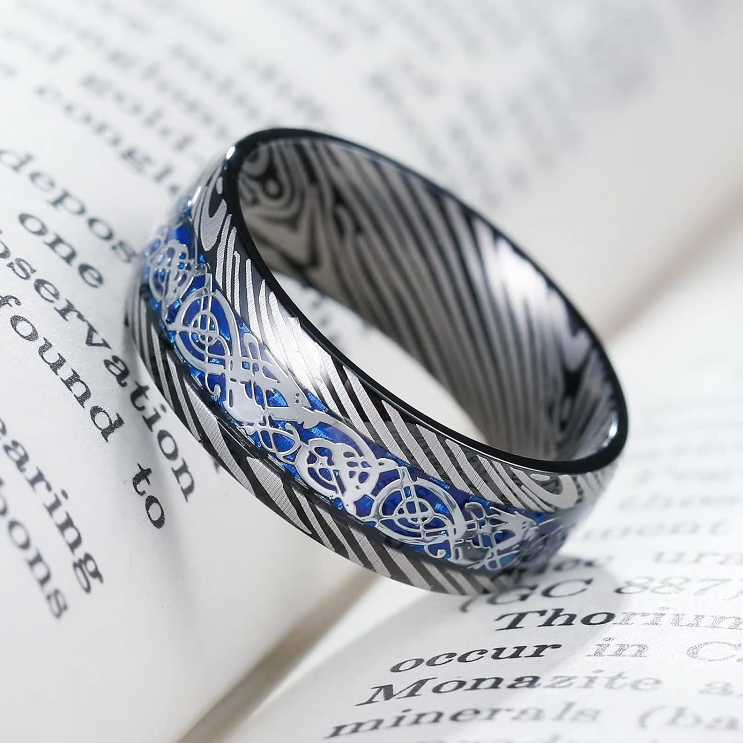 King Will DRAGON Mens Celtic Dragon Titanium Stainless Steel Ring Blue/Black/Green/Red Carbon Fibre Luminou Glow Celtic Dragon Titanium Stainless Steel Ring 7mm 8mm 9mm Zircon Polished Beveled Edge and Black Plated Wedding Band mens