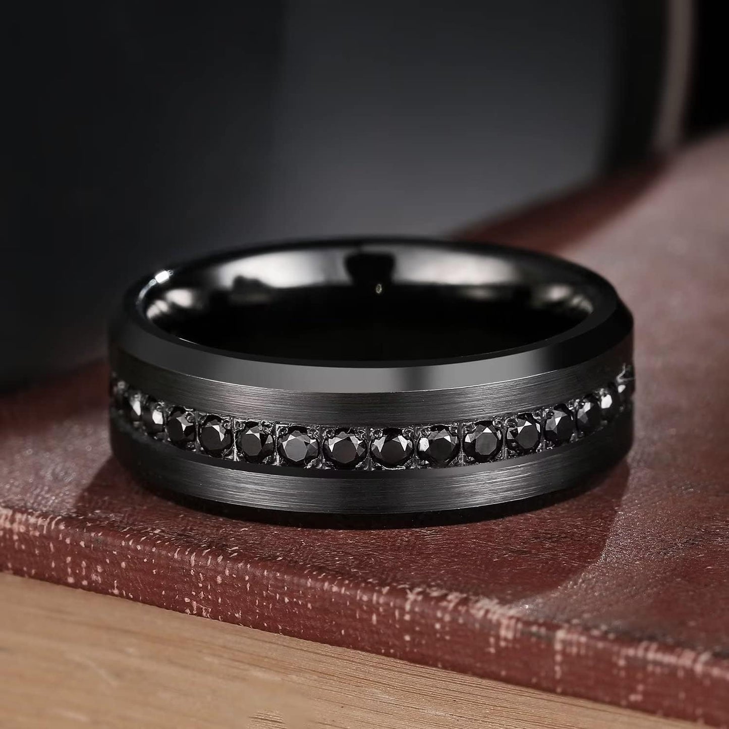 King Will GEM Mens 8mm Black Polished Finish Tungsten Carbide Ring Cubic Zircon Stones Flat Style