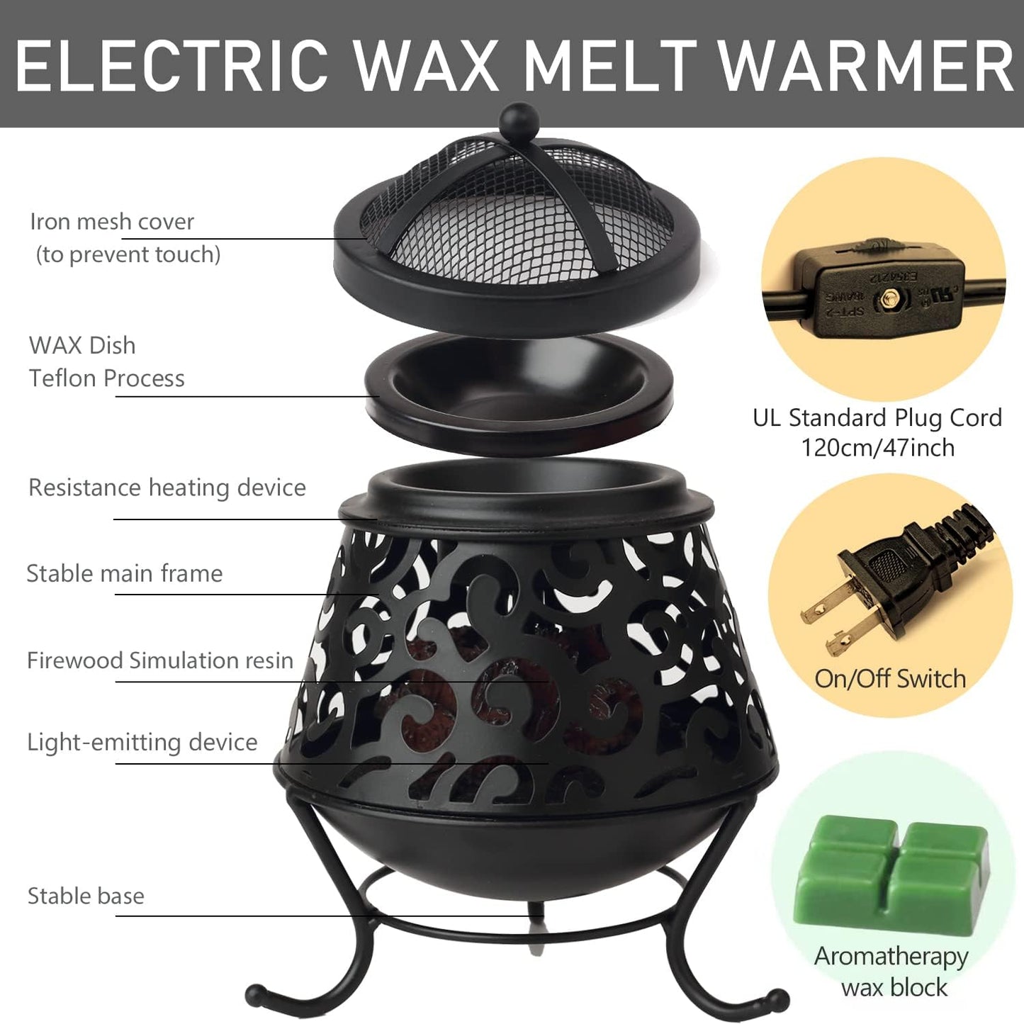 NAFANG Fireplace Wax Warmer,Wax Melt Warmer for Scented Wax Melts and Tarts,Electric Wax Warmer,Candle Wax Burner Fragrance Warmer for Home Decor Spa and Aromatherapy(Dustproof Glass)