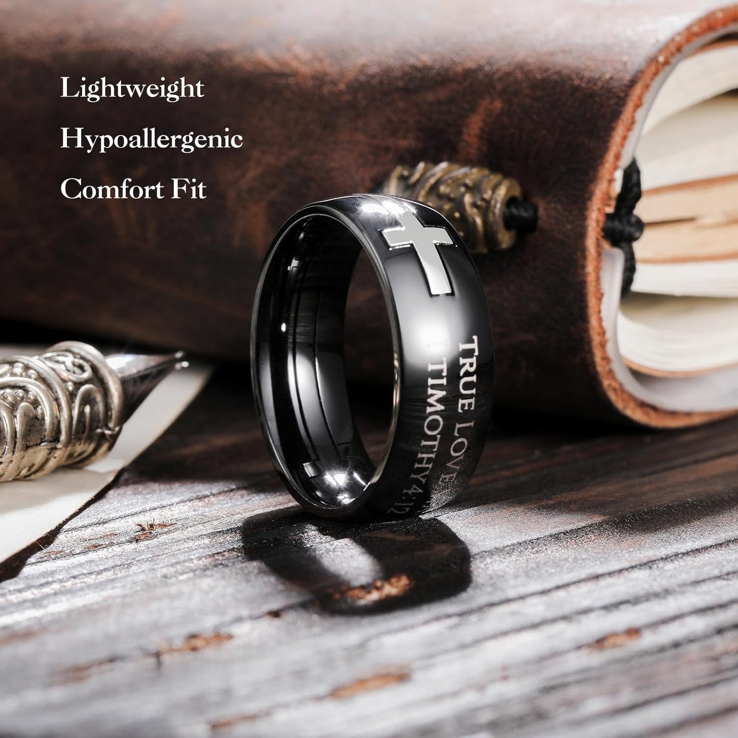 King Will Stainless Steel Wedding Band for Men - 8mm Black Silver Plated Inlay Cross and Text True Love Waits for Everyday Wear Comfort Fit