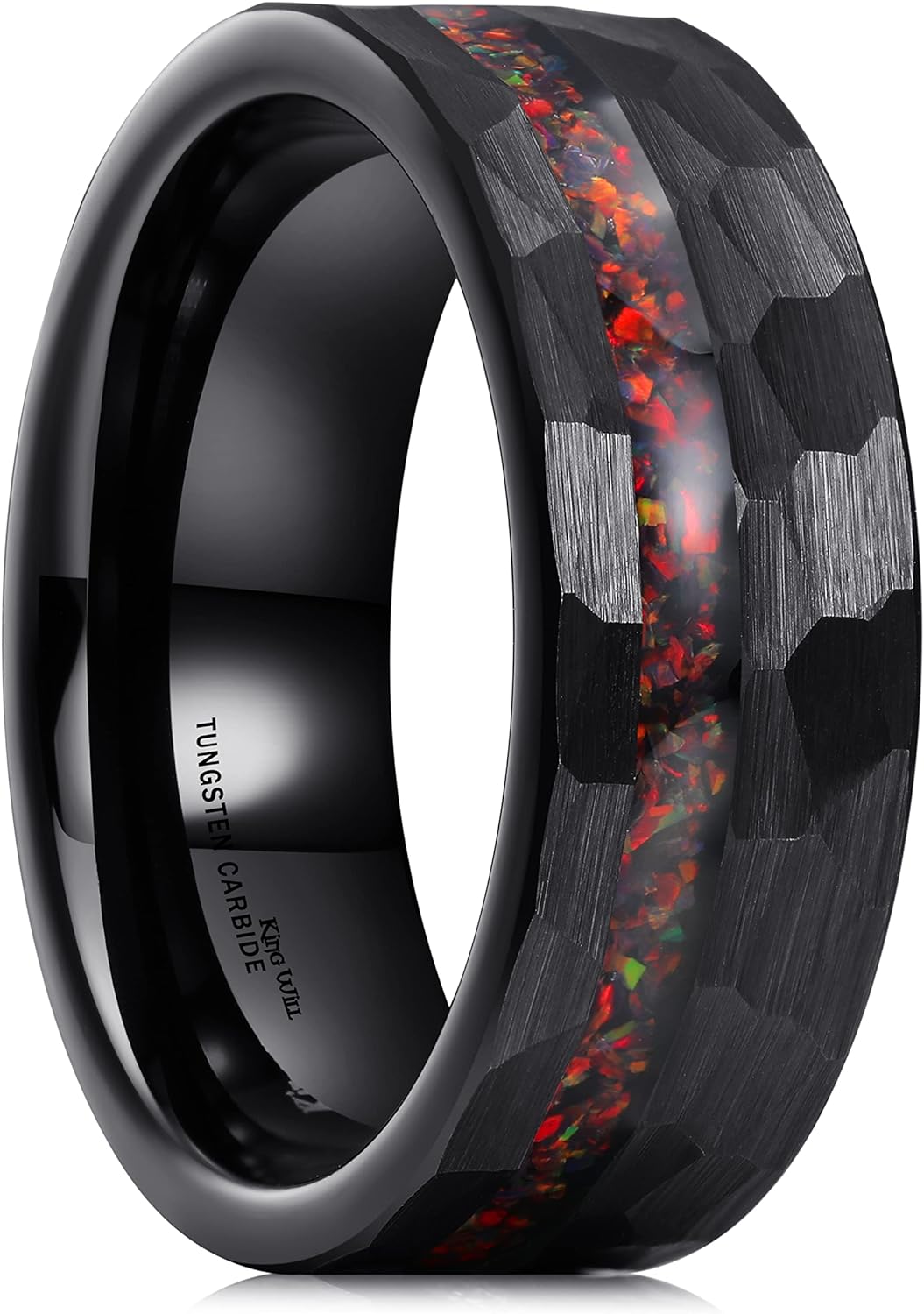 King Will 8mm Wood/Red Opal/Gold Foils/Purple Meteorite Inlaid Black Tungsten Carbide Rings Wedding Band Brushed Hammered Men’s Engagement Ring Comfort Fit for Men Women
