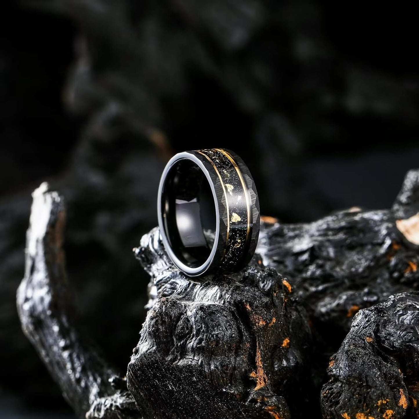 King Will 8mm Wood/Red Opal/Gold Foils/Purple Meteorite Inlaid Black Tungsten Carbide Rings Wedding Band Brushed Hammered Men’s Engagement Ring Comfort Fit for Men Women