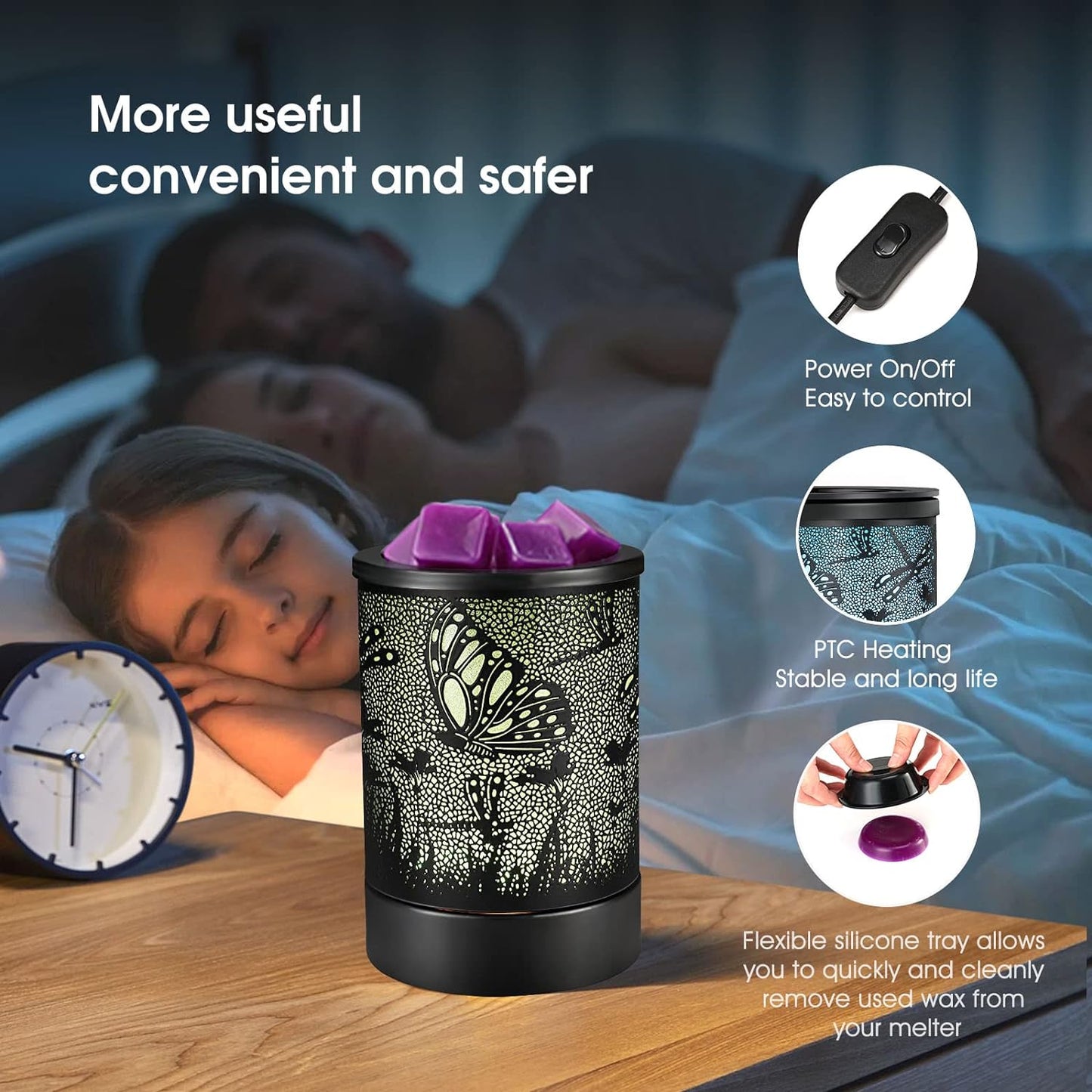 inrorans Sun Moon Star Electric Oil Warmer Black Metal Wax Warmer for Scented Wax with 7 Colors Changing LED nightLight PTC Element Reusable Silicone Liner Scented Wax Warmer for Home Decor…