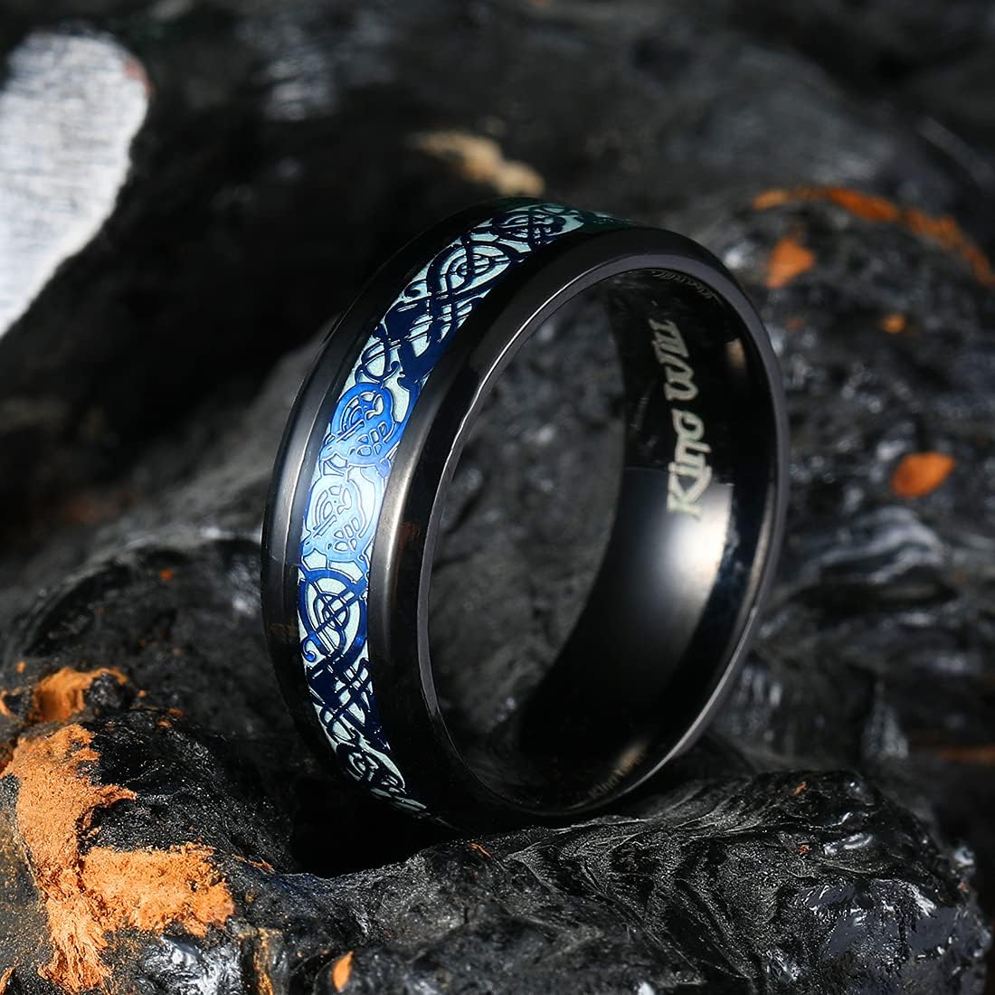 King Will DRAGON Mens Celtic Dragon Titanium Stainless Steel Ring Blue/Black/Green/Red Carbon Fibre Luminou Glow Celtic Dragon Titanium Stainless Steel Ring 7mm 8mm 9mm Zircon Polished Beveled Edge and Black Plated Wedding Band mens