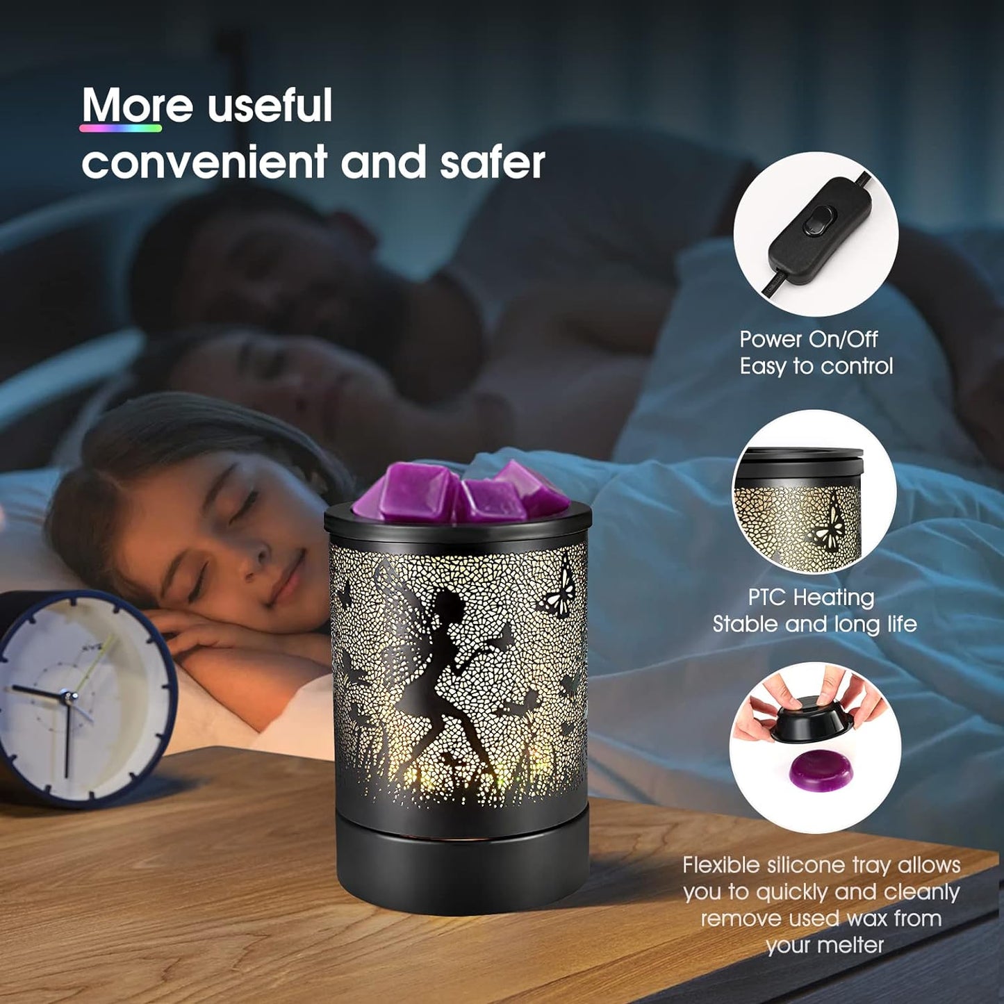 inrorans Sun Moon Star Electric Oil Warmer Black Metal Wax Warmer for Scented Wax with 7 Colors Changing LED nightLight PTC Element Reusable Silicone Liner Scented Wax Warmer for Home Decor…