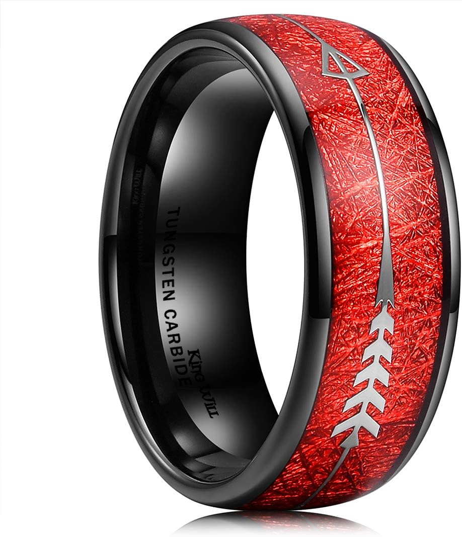 King Will Nature 8mm Arrow Tungsten Carbide Ring Wood Meteorite Sticker Inlay Domed Wedding Ring for Men