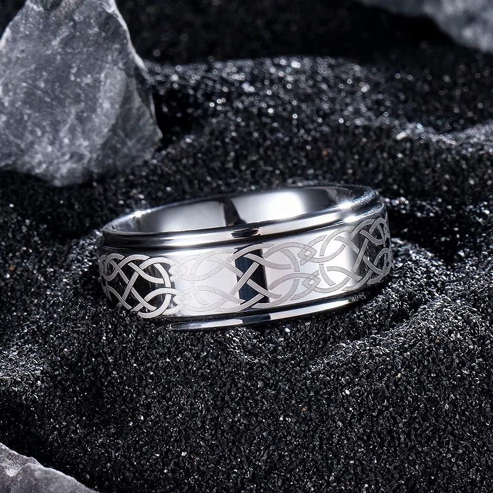 King Will 8mm Black/Silver/Blue Mens Tungsten Carbide Ring Laser Celtic Knot/Wolf Head/Dragon Polish Edge Wedding Band Size 7-14