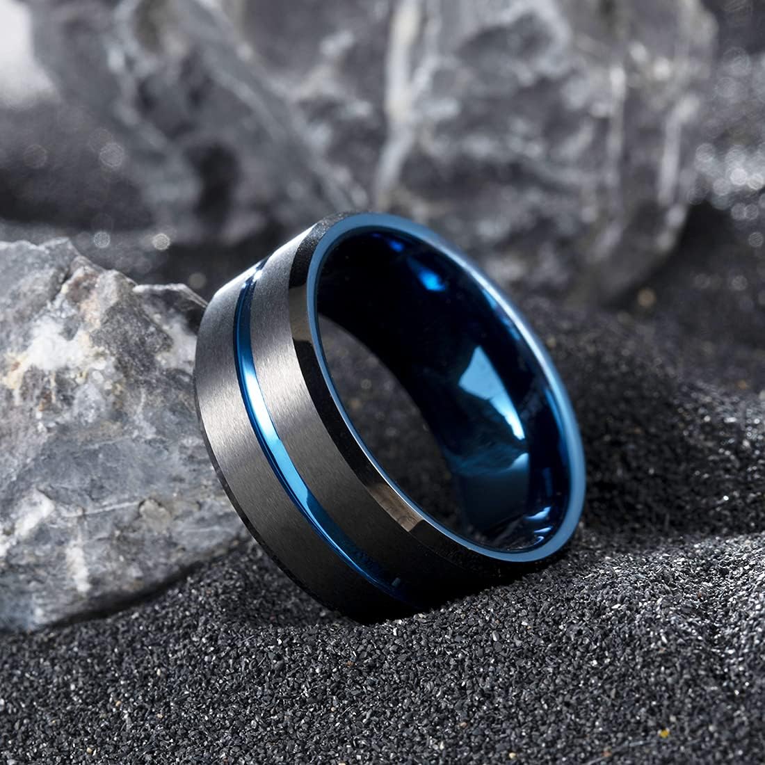 King Will 6mm 7mm 8mm Groove Tungsten Carbide Wedding Ring for Men Black/Silver/Rainbow/Rose Gold/Red/Brown/Blue Thin Groove Center Tungsten Wedding Band Matte Finish