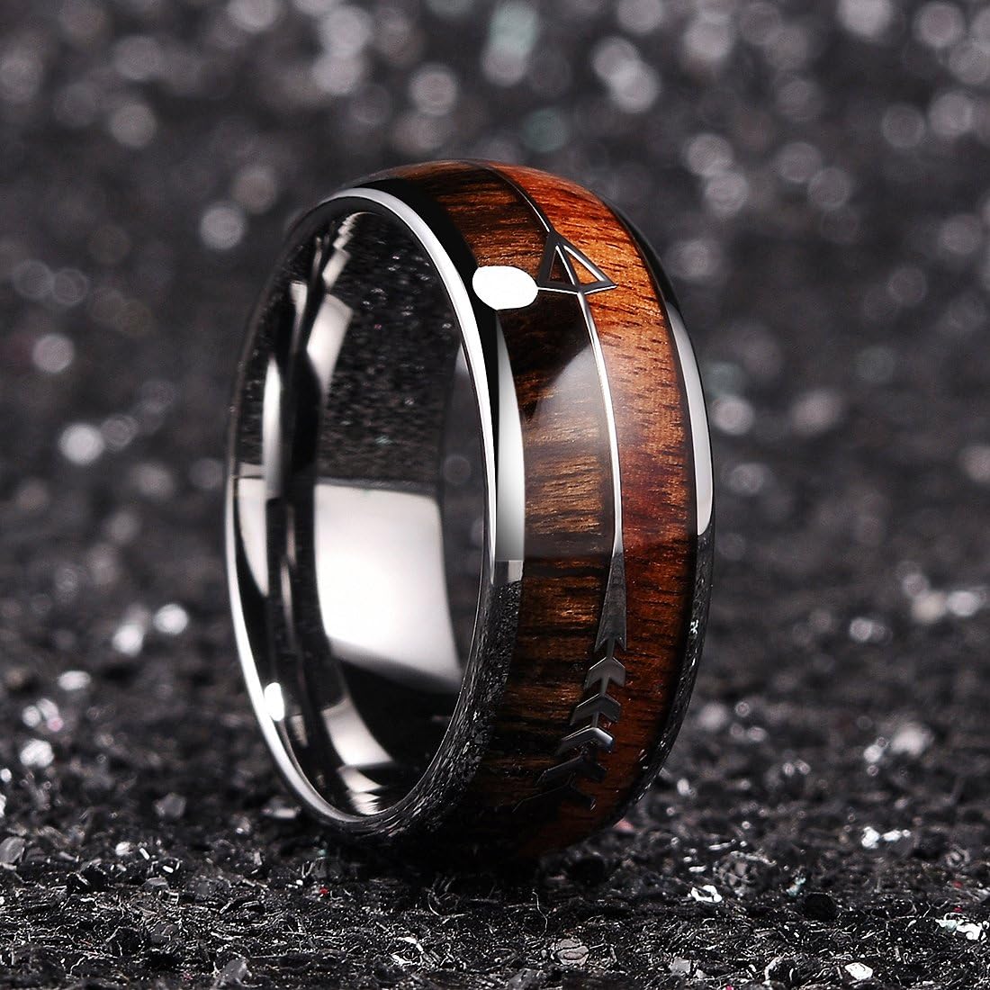 King Will Nature 8mm Arrow Tungsten Carbide Ring Wood Meteorite Sticker Inlay Domed Wedding Ring for Men