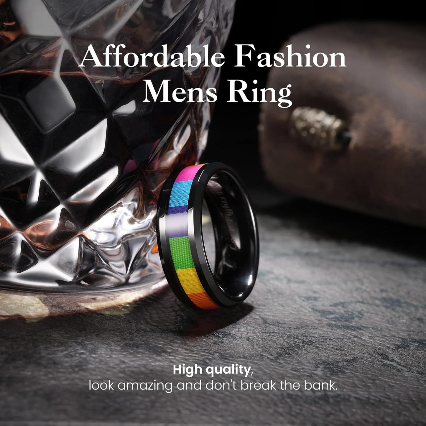 King Will Tungsten Carbide Wedding Band for Men - 8mm Black Plated High Polished Inlay Rainbow Sticker Rings for Weddding Engagement Comfort Fit