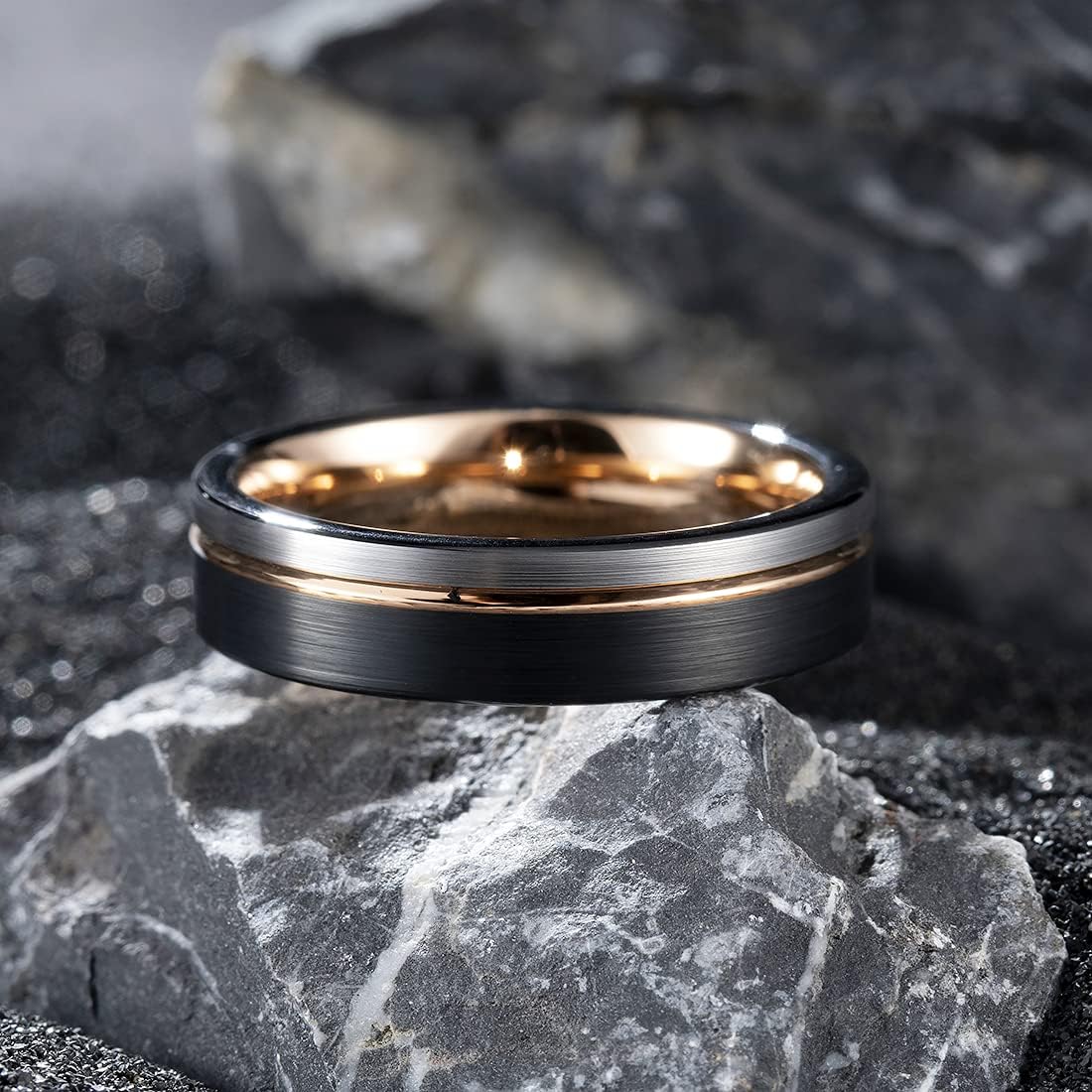 King Will LOOP Mens Women Tungsten Carbide Wedding Band 6mm/8mm Rose Gold Line Ring Black Silver Blue Brushed Gold Groove Tungsten rings Comfort Fit