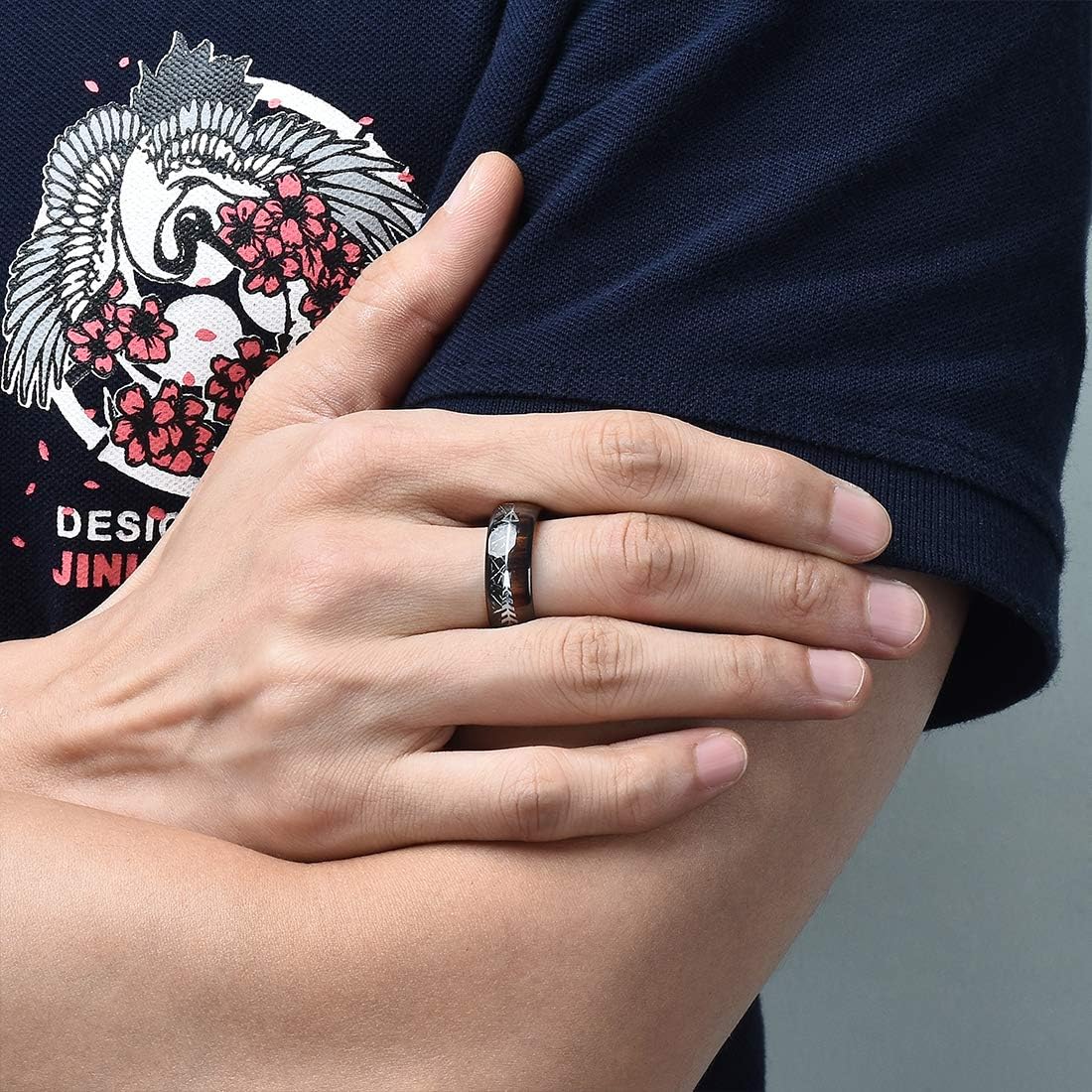 King Will Nature 8mm Arrow Tungsten Carbide Ring Wood Meteorite Sticker Inlay Domed Wedding Ring for Men