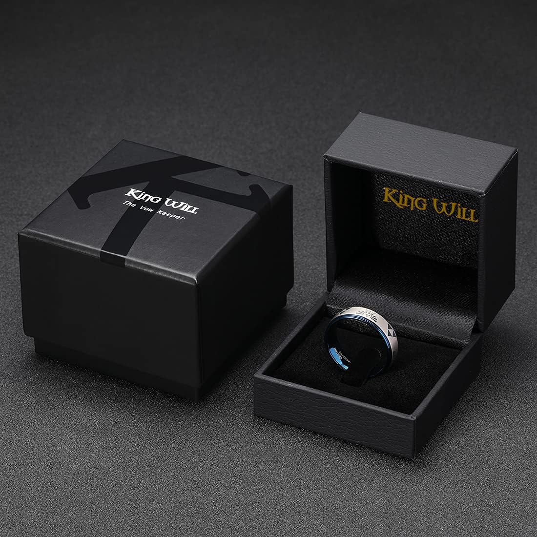King Will 8mm Mens Black/Blue Tungsten Carbide Wedding Ring The Legend of Zelda Ring Matte Finished Plated Stepped Beveled Edges
