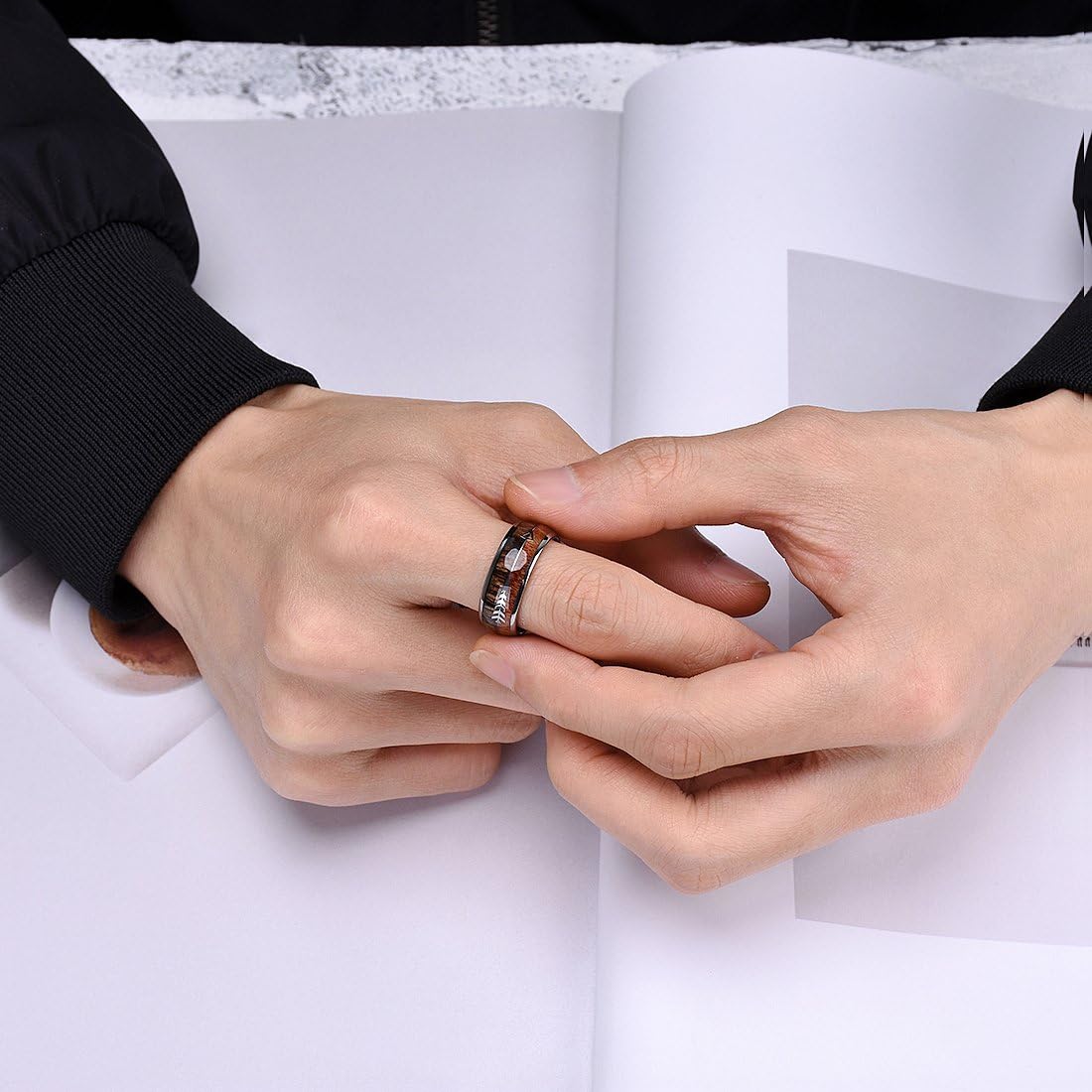 King Will Nature 8mm Arrow Tungsten Carbide Ring Wood Meteorite Sticker Inlay Domed Wedding Ring for Men