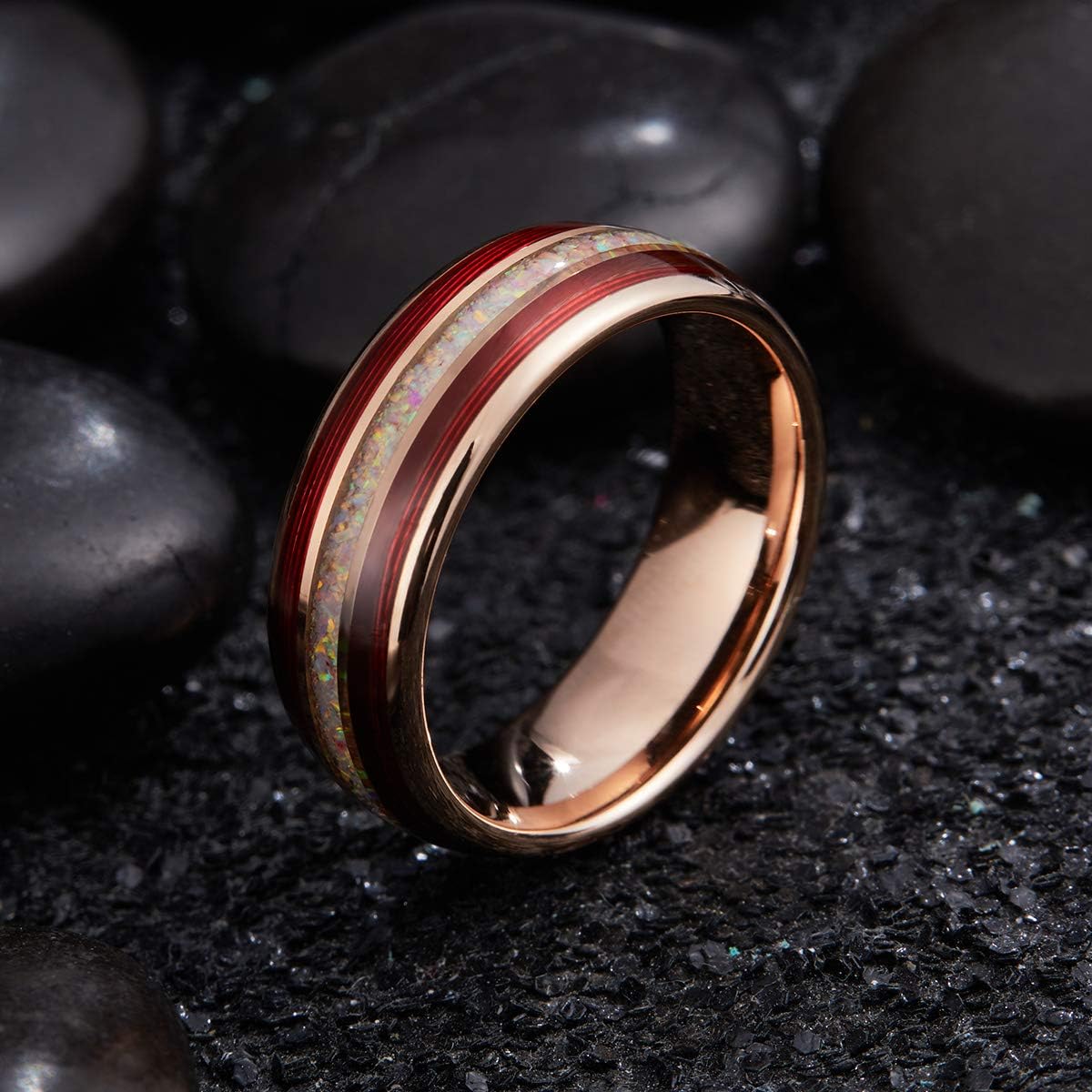 King Will Nature 8mm Turquoise Tungsten Carbide Wedding Ring Abalone Shell Opal Inlaid Real Wood Engagement Band for Men