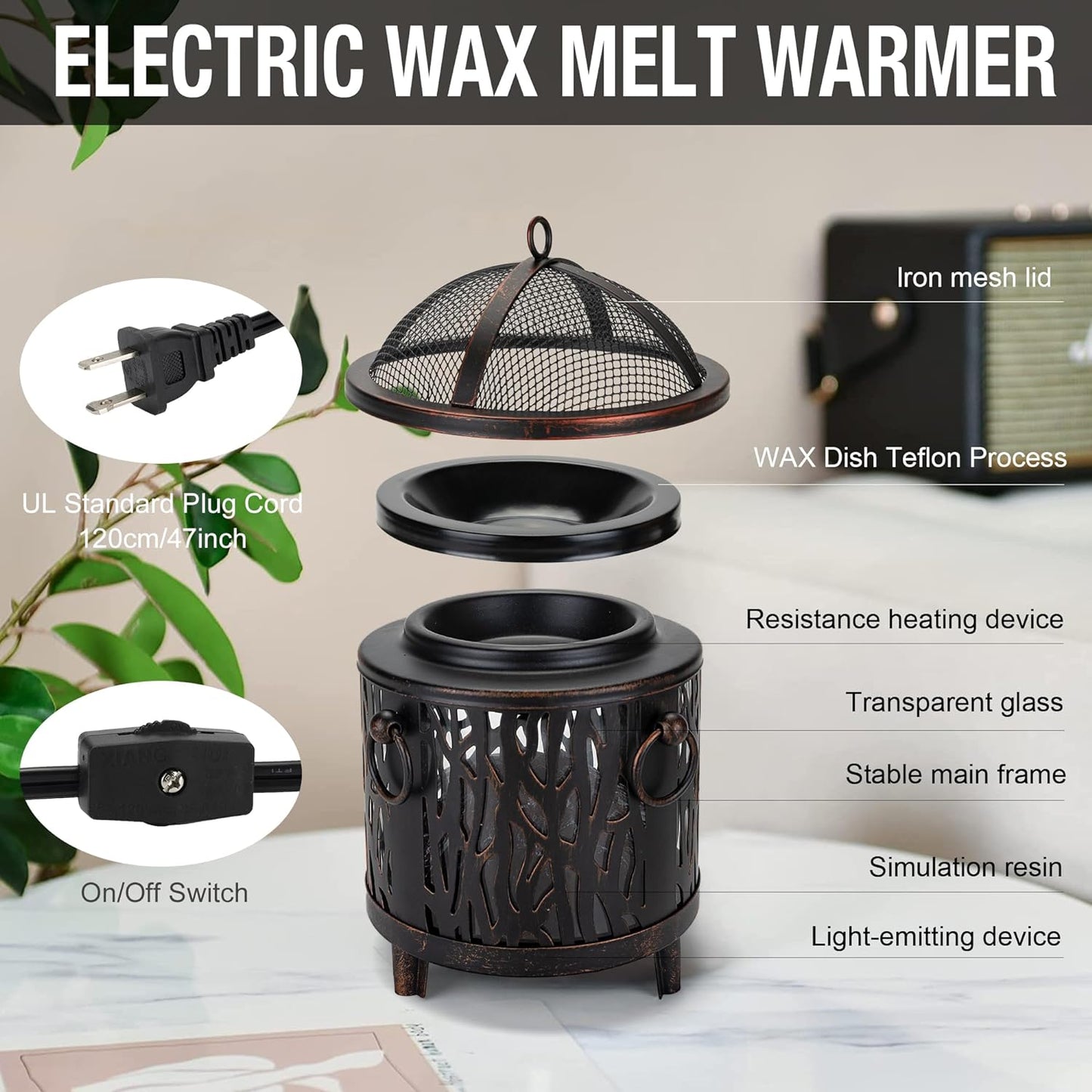 NAFANG Fireplace Wax Warmer,Wax Melt Warmer for Scented Wax Melts and Tarts,Electric Wax Warmer,Candle Wax Burner Fragrance Warmer for Home Decor Spa and Aromatherapy(Dustproof Glass)