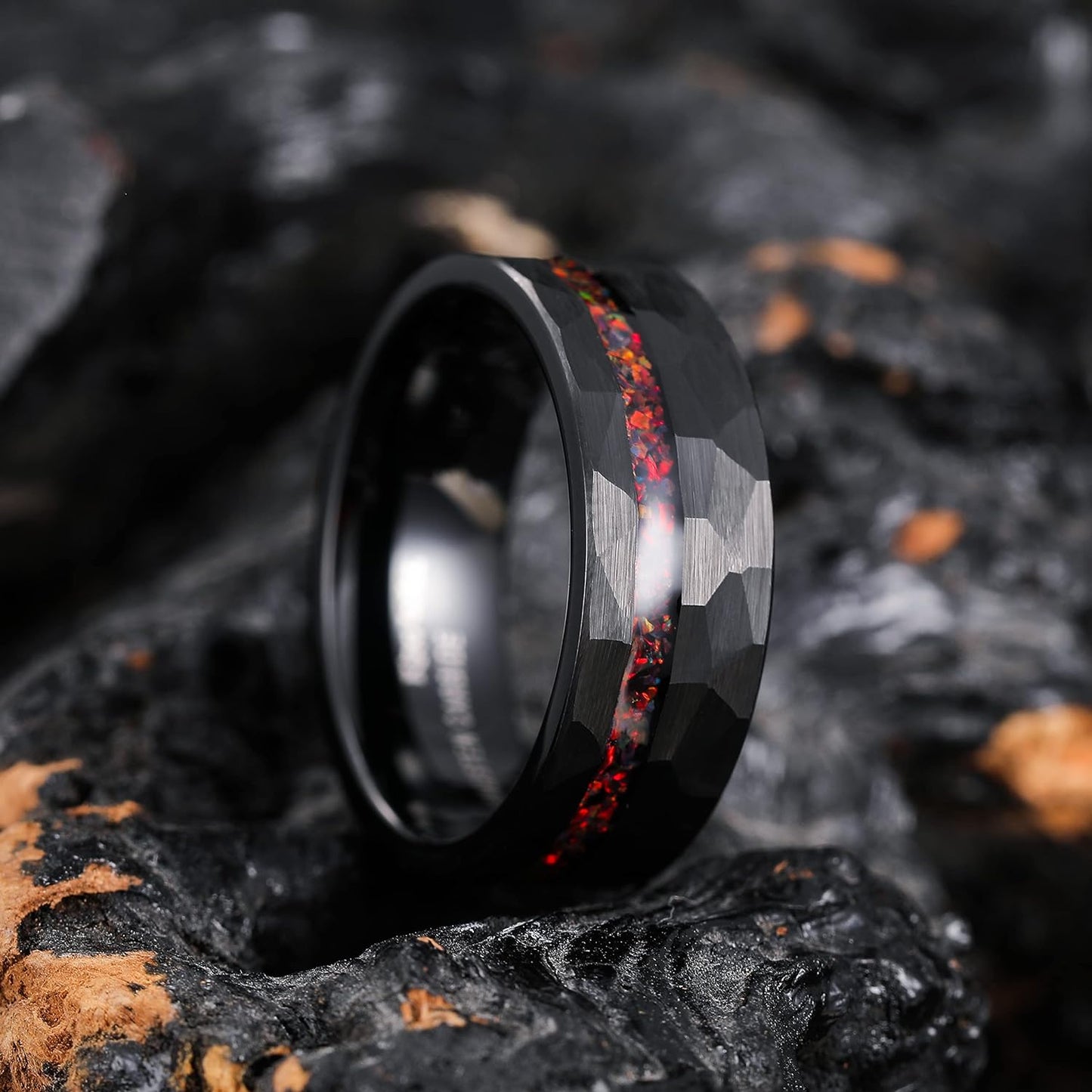 King Will 8mm Wood/Red Opal/Gold Foils/Purple Meteorite Inlaid Black Tungsten Carbide Rings Wedding Band Brushed Hammered Men’s Engagement Ring Comfort Fit for Men Women