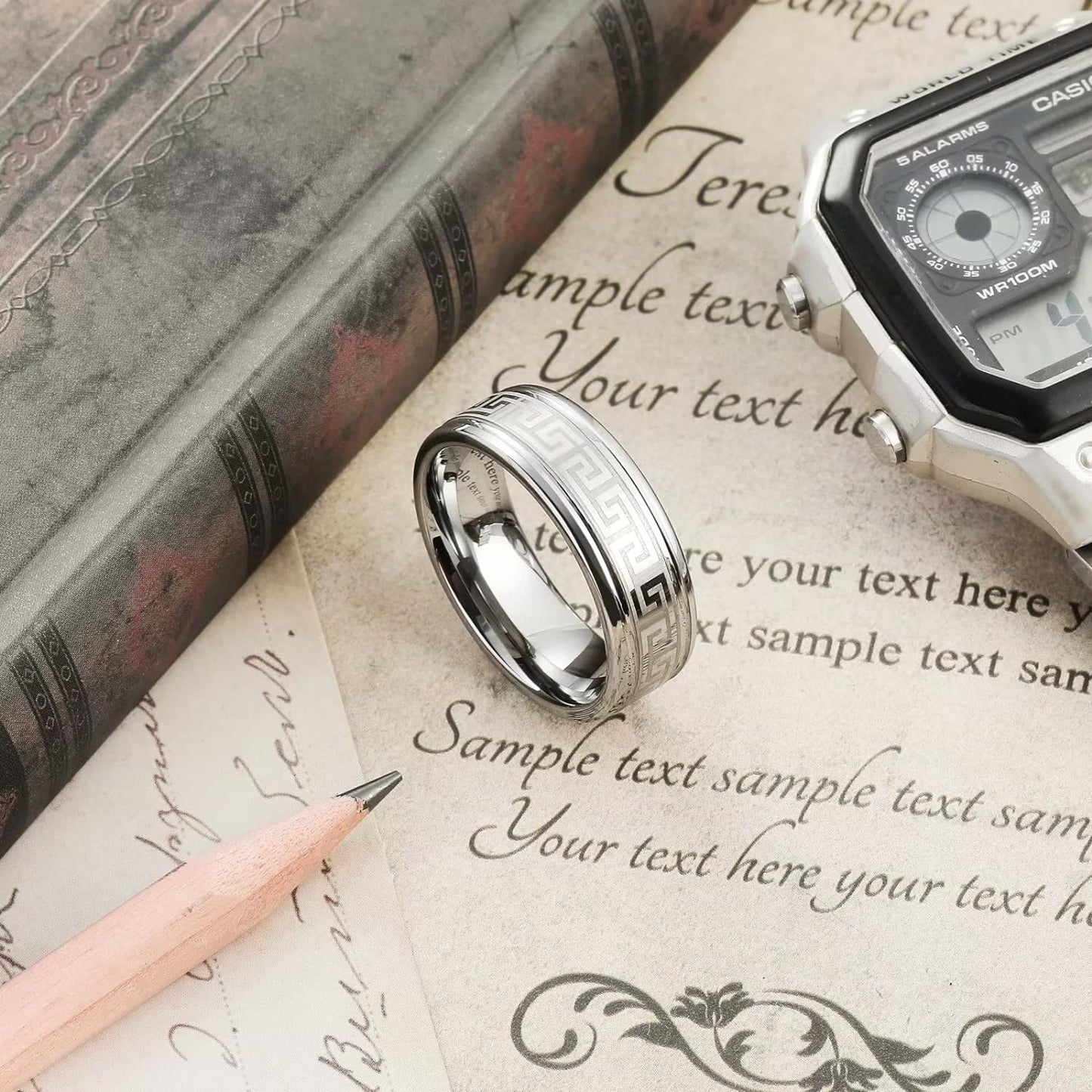 King Will Silver Black Celtic Knot/Greek Key Tungsten Wedding Rings Two Grooves Edge Laser Polished Celtic Knot/Greek Key Center and Matte Brushed Surface Wedding Band for Men Women