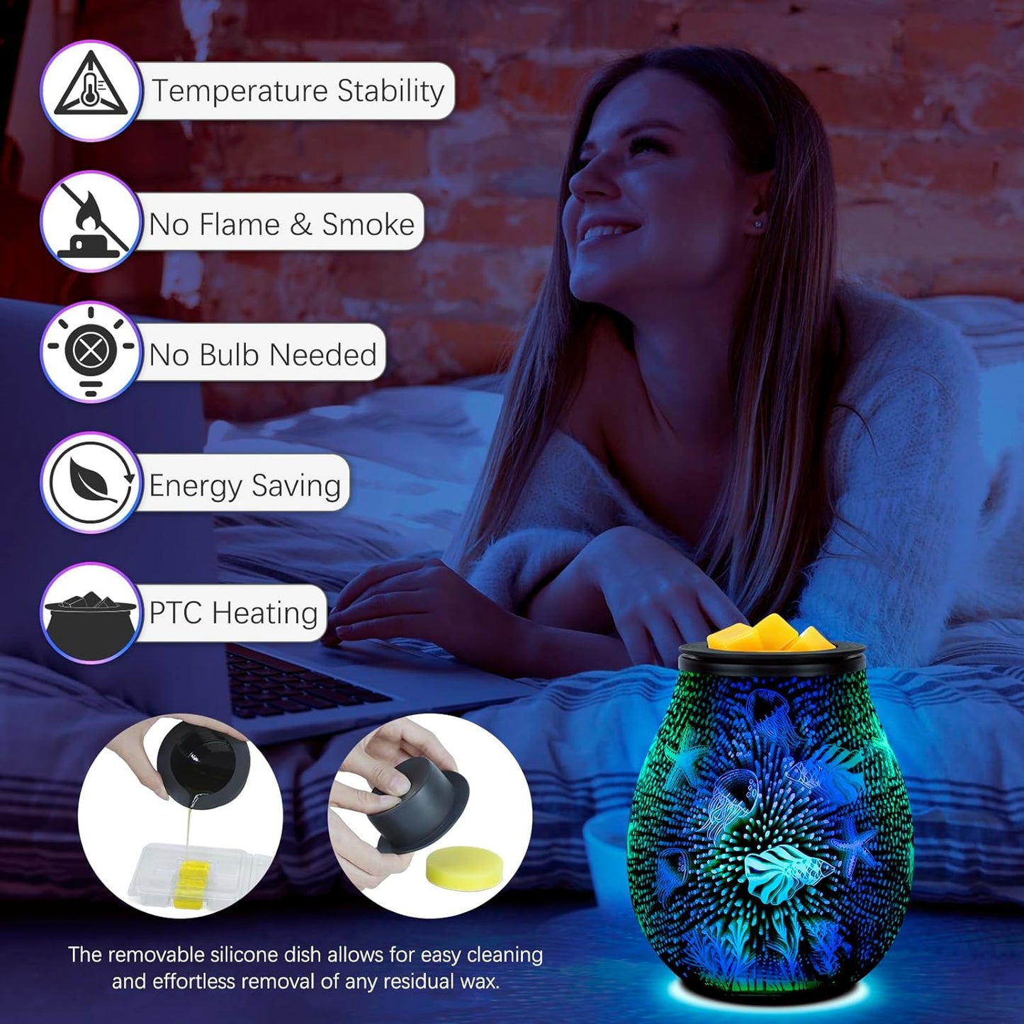 EQUSUPRO Wax Melt Warmer Wax Melter Wax Burner for Scented Wax Electric Fragrance Warmer for Wax Cubes & Tarts, Vivid 3D Design 7 Colors LED Light Gift & Decor for Home Office Studio (Fireworks-PTC)
