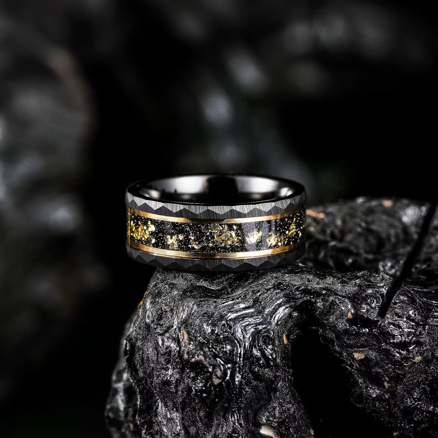 King Will 8mm Wood/Red Opal/Gold Foils/Purple Meteorite Inlaid Black Tungsten Carbide Rings Wedding Band Brushed Hammered Men’s Engagement Ring Comfort Fit for Men Women