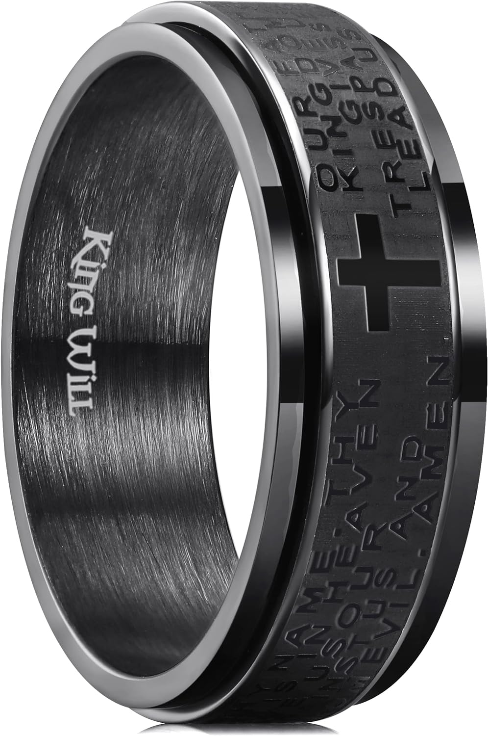 King Will 8mm Black/Gold/Silver Stainless Steel Ring Lord's Prayer Rotatable Ring Men Wedding Band Rings Comfort Fit