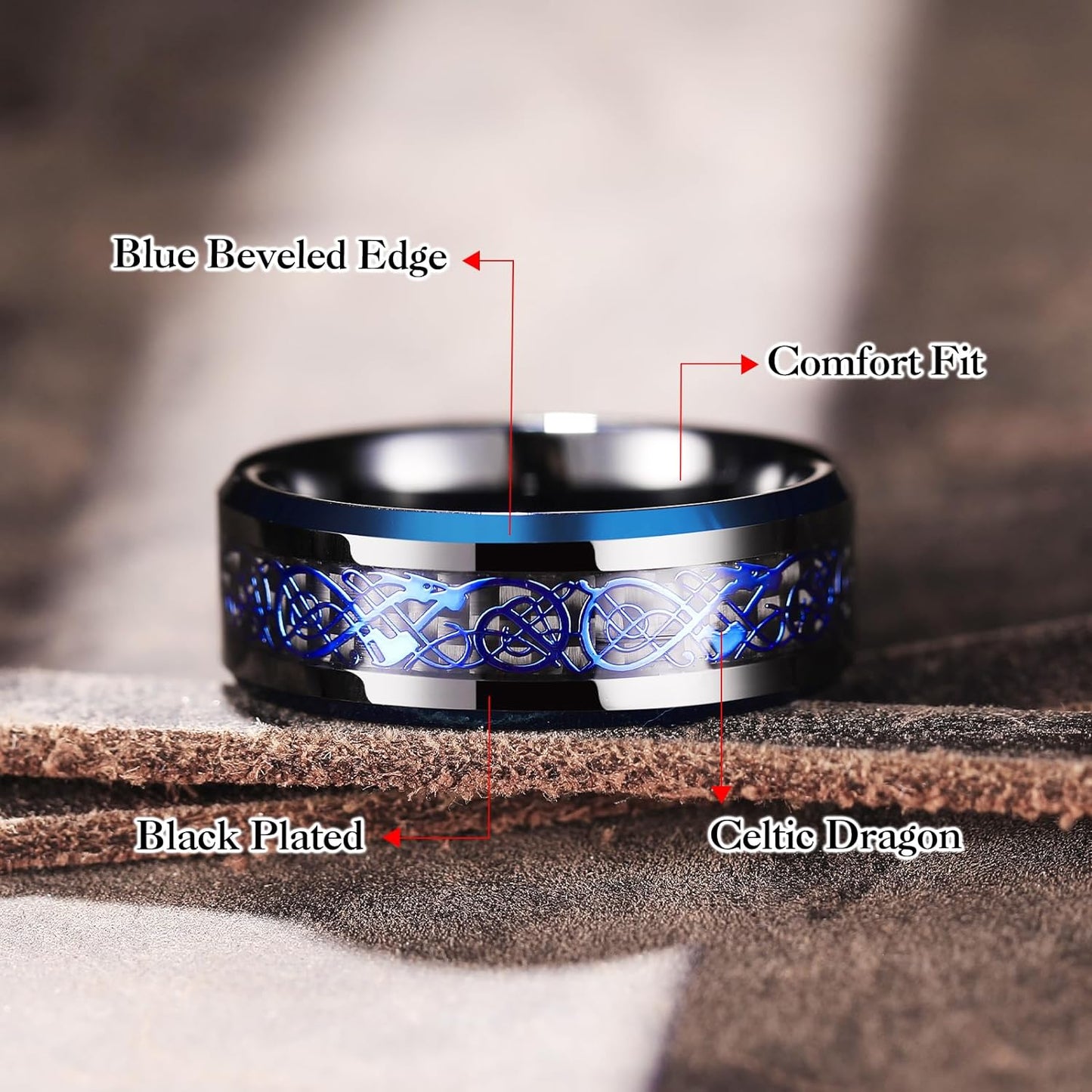 King Will DRAGON Men's 8mm/6mm/5mm Red/Green Carbon Fiber Black Celtic Dragon Tungsten Carbide Ring Comfort Fit Wedding Band