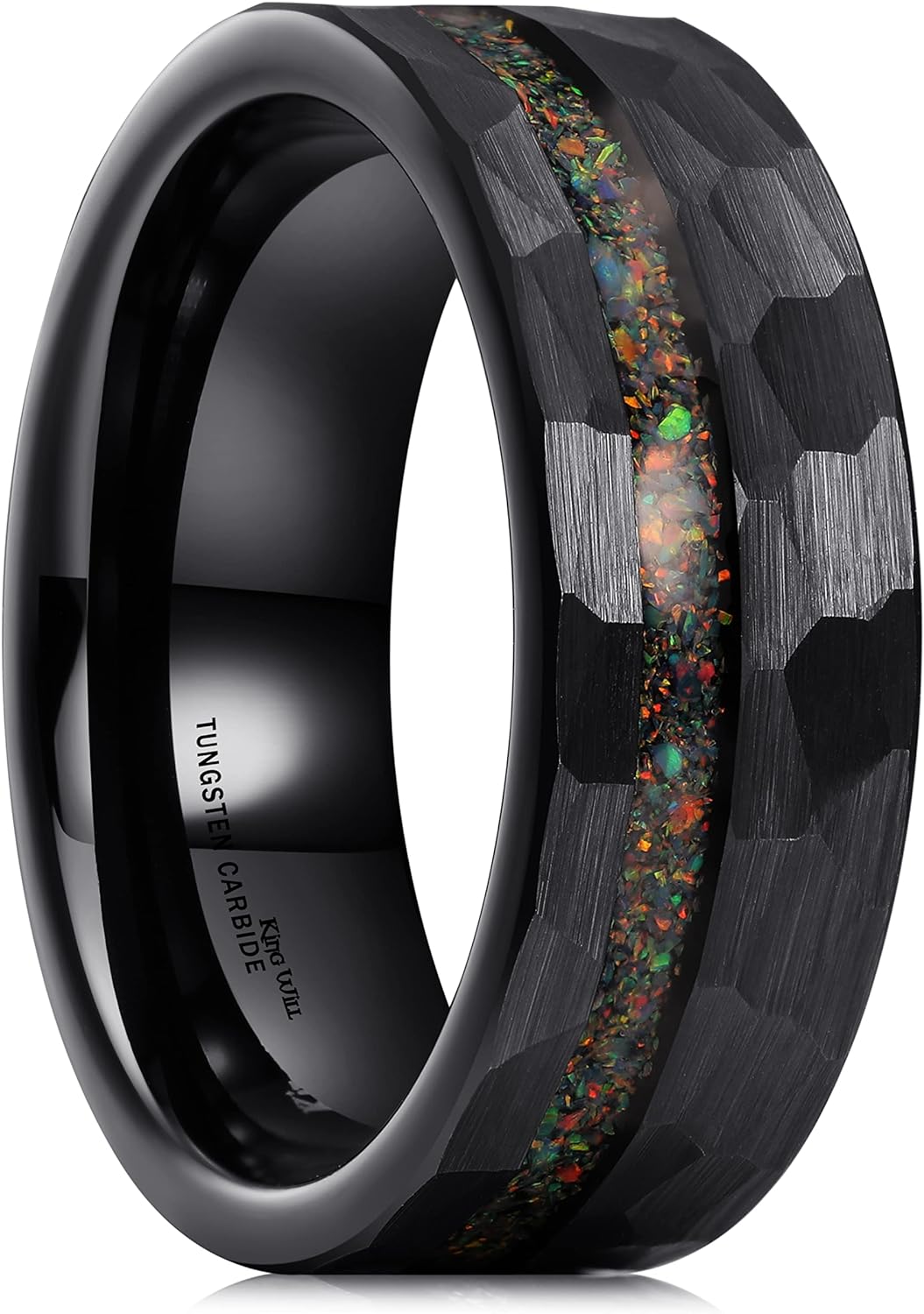 King Will 8mm Wood/Red Opal/Gold Foils/Purple Meteorite Inlaid Black Tungsten Carbide Rings Wedding Band Brushed Hammered Men’s Engagement Ring Comfort Fit for Men Women