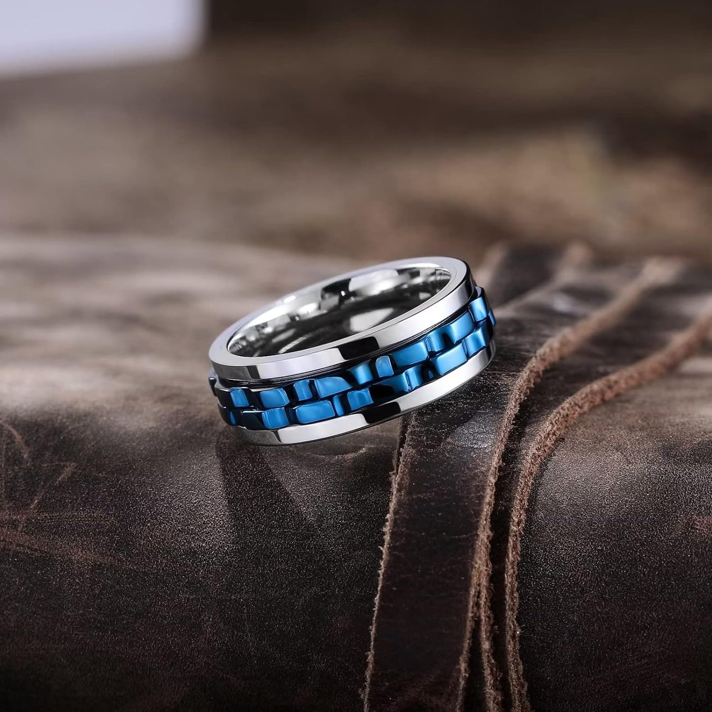 King Will Mens Black Blue Gear Spinner Rings Stainless Steel Fidgets Two Black Gear Fidget Ring High Polish Anxiety Ring For Men Women Wedding Band