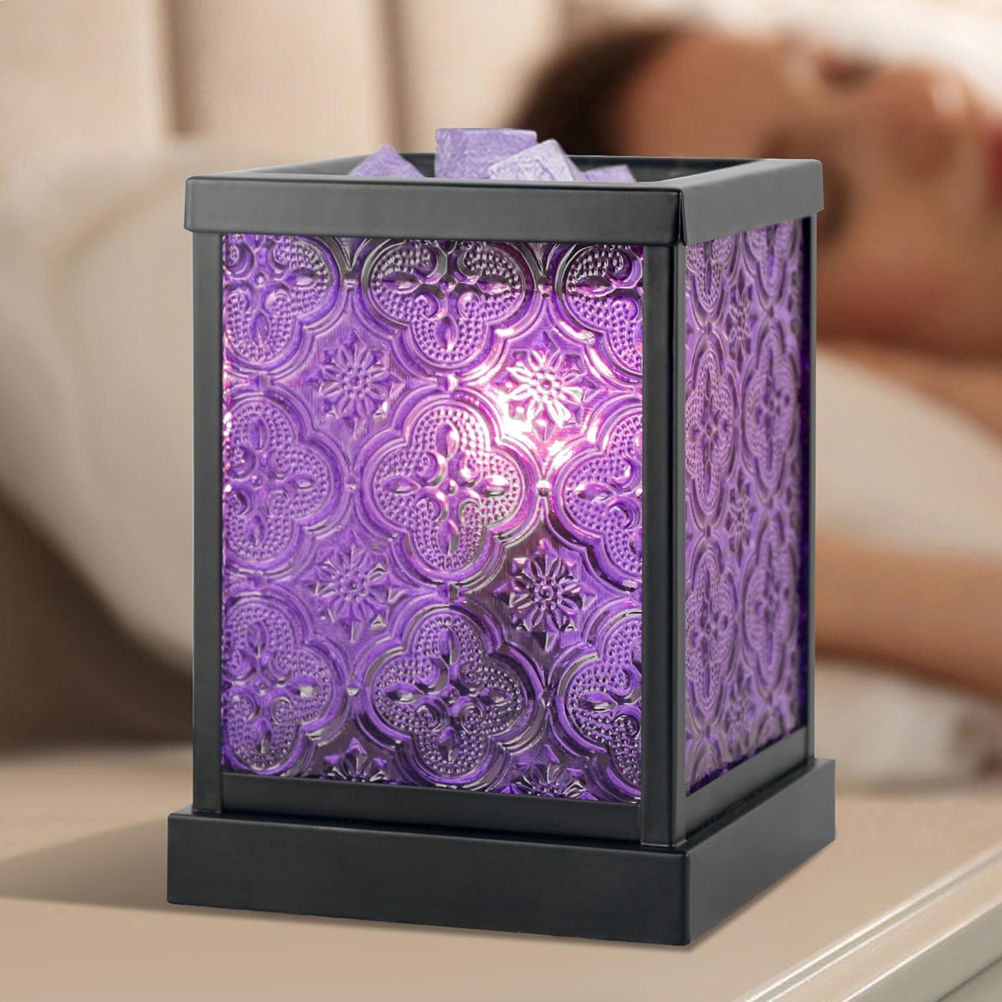 CVHOMEDECO. Moroccan Electric Wax Melt Warmer Decorative Candle Warmer Burner for Scented Candles, Wax Melts and Tarts to Freshen Room, Idea for Home and Office Decor., Hexagonal, Cobalt Glass.