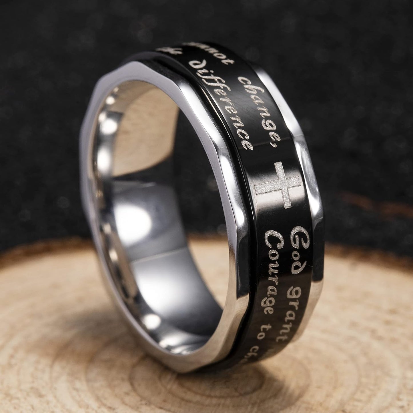 King Will 8mm Black/Gold/Silver Stainless Steel Ring Lord's Prayer Rotatable Ring Men Wedding Band Rings Comfort Fit