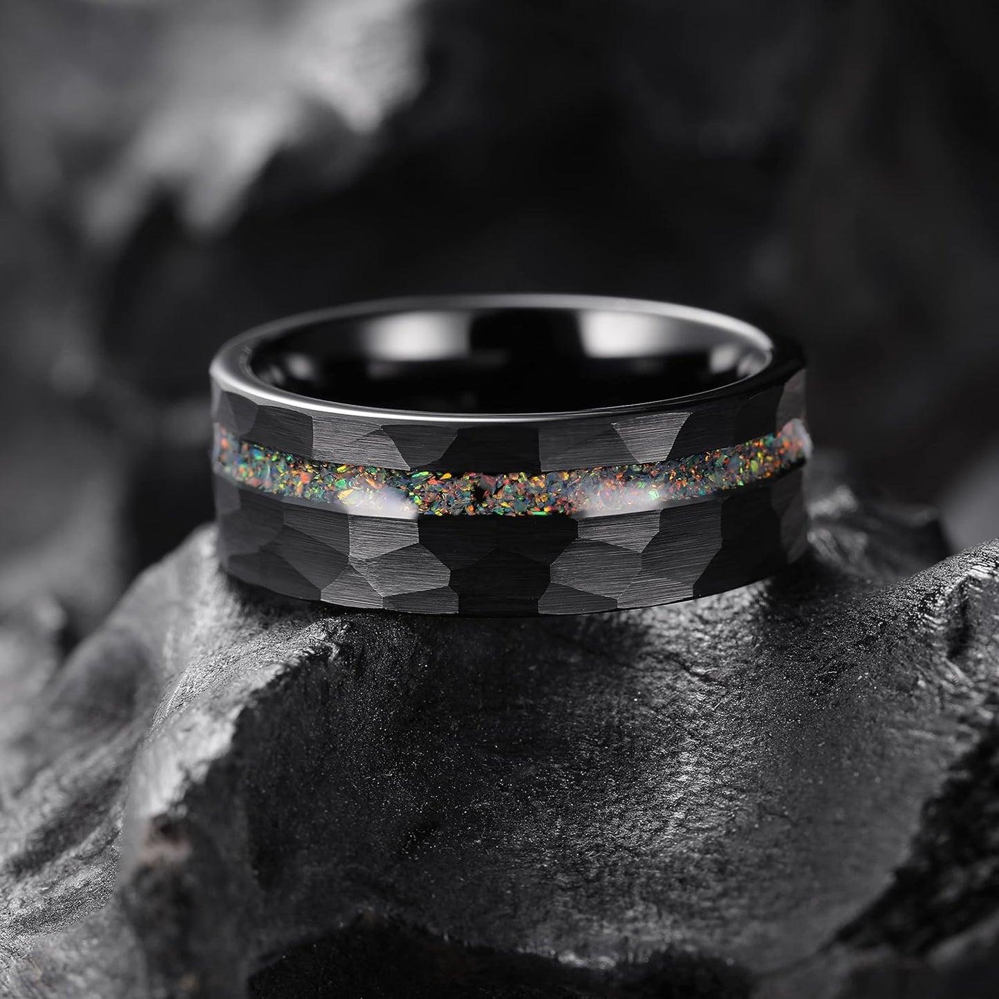 King Will 8mm Wood/Red Opal/Gold Foils/Purple Meteorite Inlaid Black Tungsten Carbide Rings Wedding Band Brushed Hammered Men’s Engagement Ring Comfort Fit for Men Women